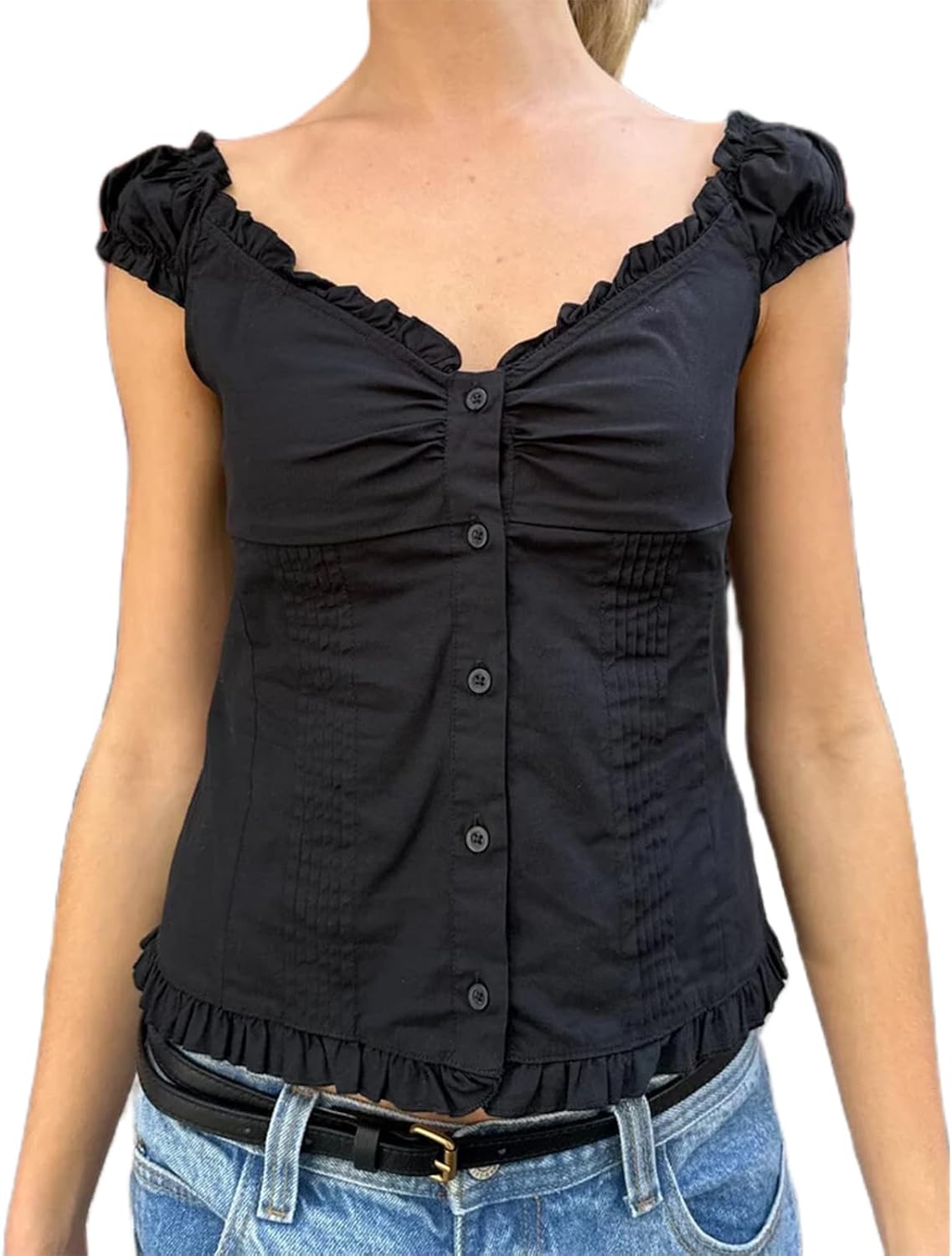 Women Button Down Lace Top V Neck Ruffle Sexy Low Cut Cap Sleeved Babydoll Cute Shirt Slim Fit Coquette Blouse