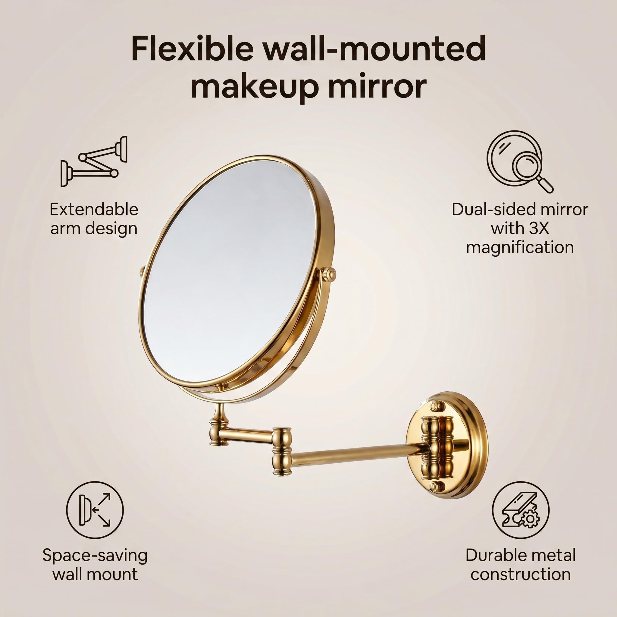 7Trees 20,3 cm Miroir de Maquillage Rétro Pliable pour Salle de Bain à Fixation Murale Miroir de Beauté Télescopique à Bascule (Or)