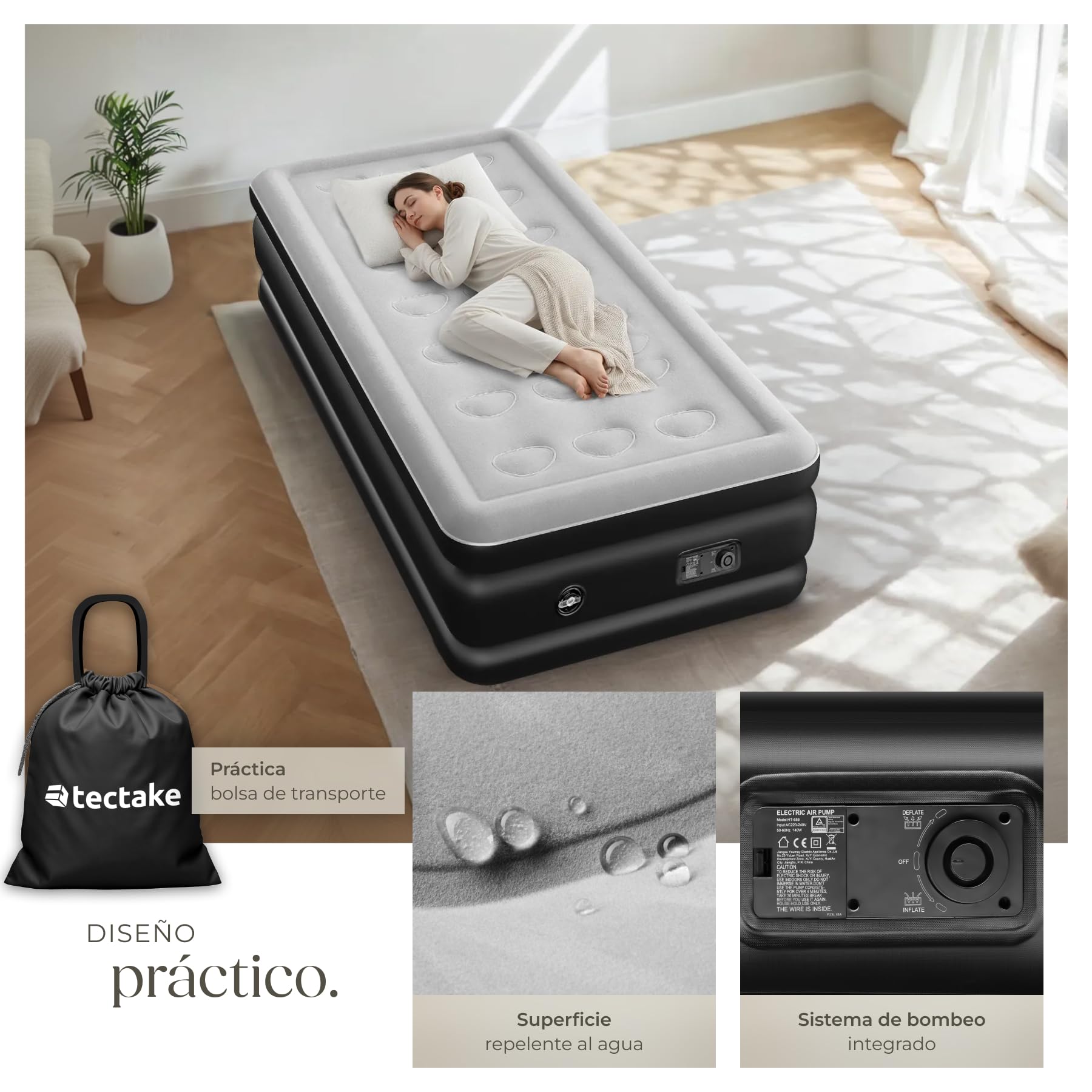 tectake® Colchón Hinchable con Bomba Eléctrica, Colchón Inflable Ergonómico, Cama Hinchable, Colchón Autoinflable, con Bolsa de Transporte, Ideal Camping o Cama para Invitados, 200 x 101 x 44 cm