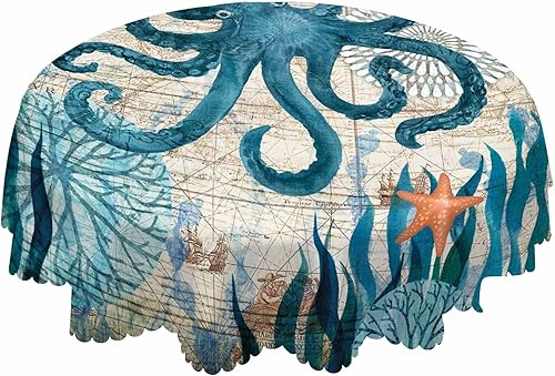 AOYEGO Mantel redondo vintage con diseño de pulpo, algas marinas, estrellas de mar, coral, velero, flores, 60 pulgadas, para comedor, fiesta,