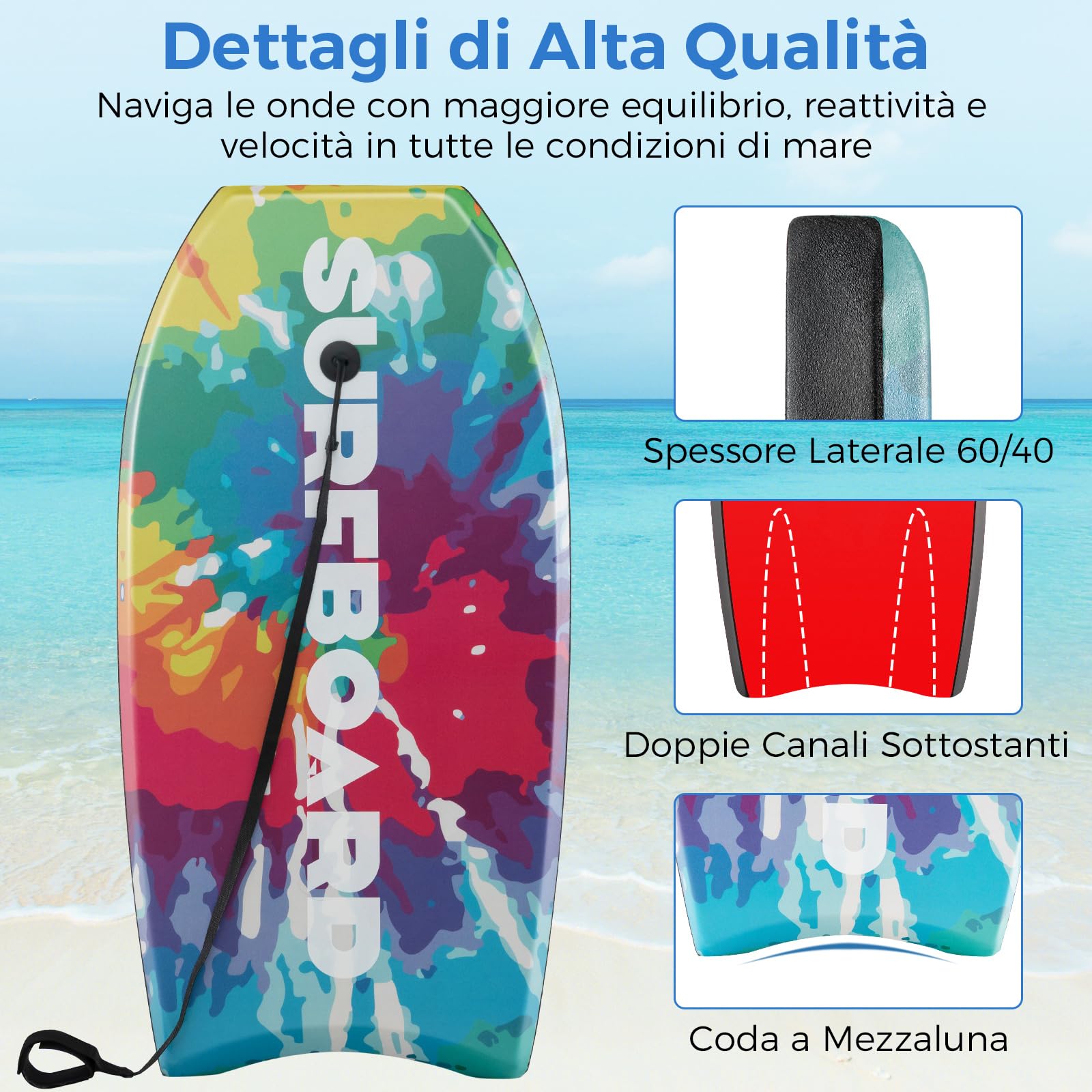COSTWAY Tavola da Surf 33"/37"/41", BodyBoard con Guinzaglio per Polso in XPE + EPS + HDPE, Tavoletta Surf Leggero per Bambini, Ragazzi e Adulti