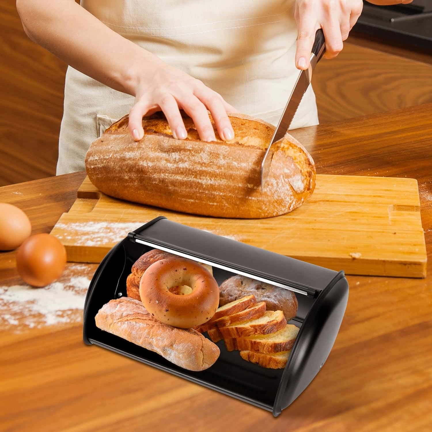 Bread Box Bread Holder Storage Container Large acity Stainless Steel Bread Bin Kitchen Organizer Kitchen Decor with Roll up Lid for Counter(Black)