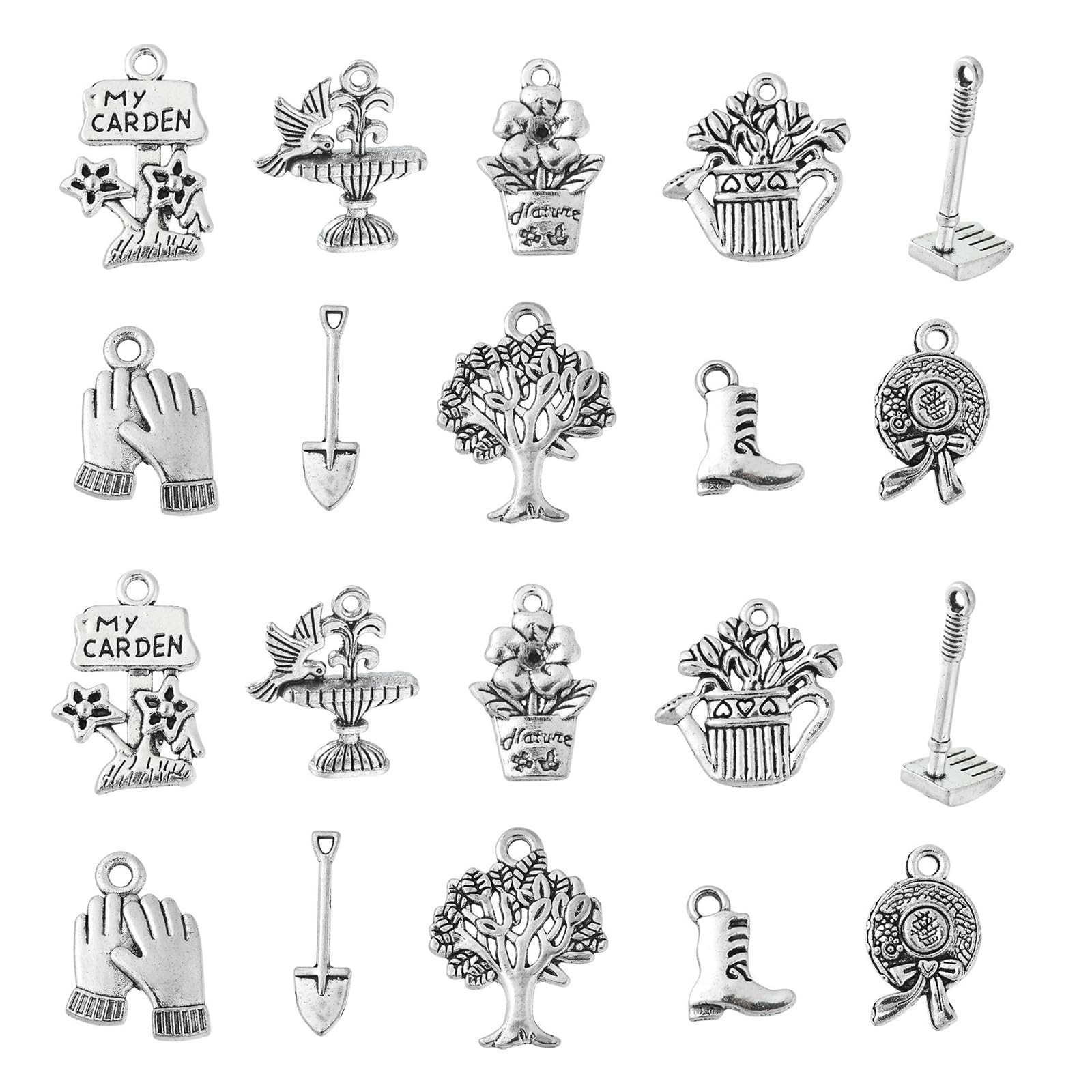 UR URLIFEHALL 100 Pcs 10 Styles Tibetan Style Gardening Charms Antique Silver Shoes Glove Pot Tree Watering Can Charms for Jewellery Making