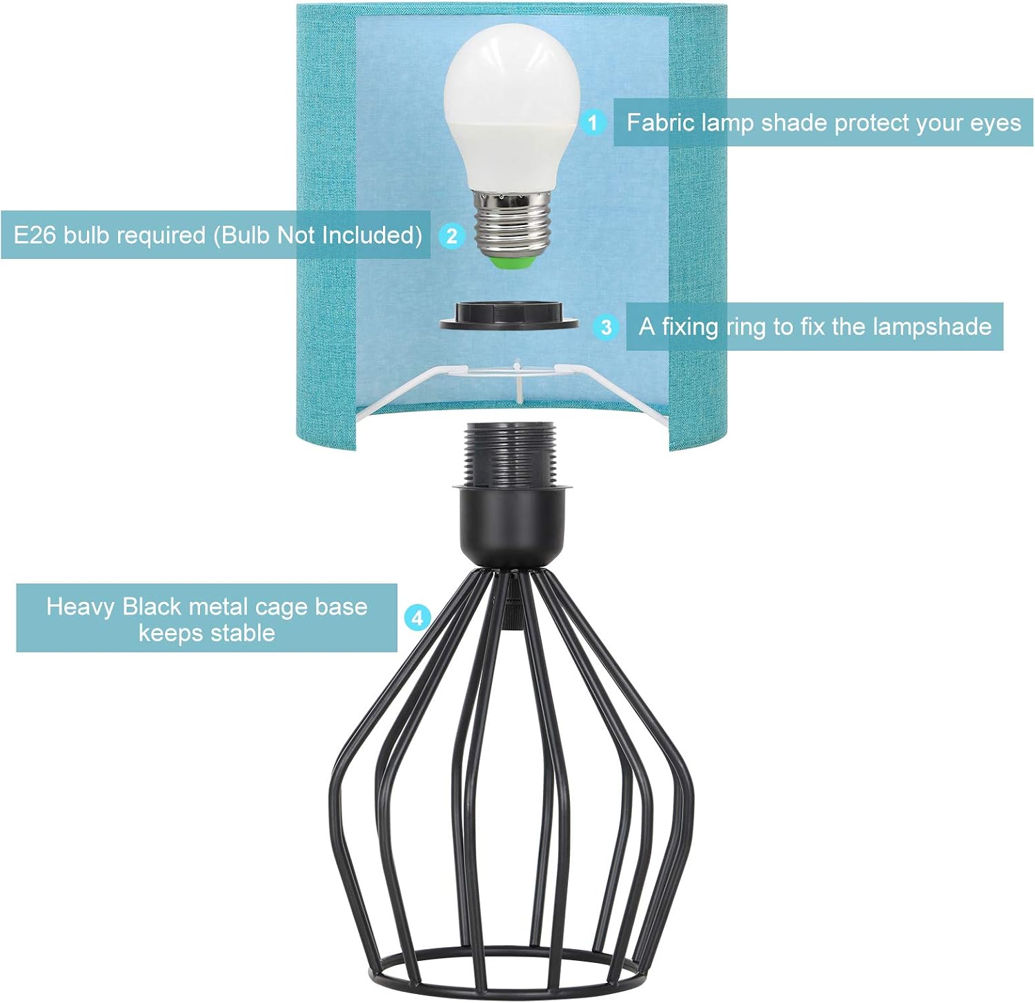 HAITRAL Modern Table Lamp - Small Nightstand Teal Lamp for Bedroom, Black Metal Cage Table Lamp with Hollowed Out Base for Bedroom, Living Room, Office, College Dorm, Den, Blue