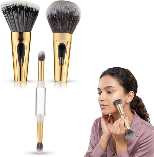 GLUN® 4in1 Makeup Brush Set, (2 Mini &amp; 2 Big) Dual-Ended Soft Bristle Beauty Brushes Golden Chrome Finish with Elegant Fla...