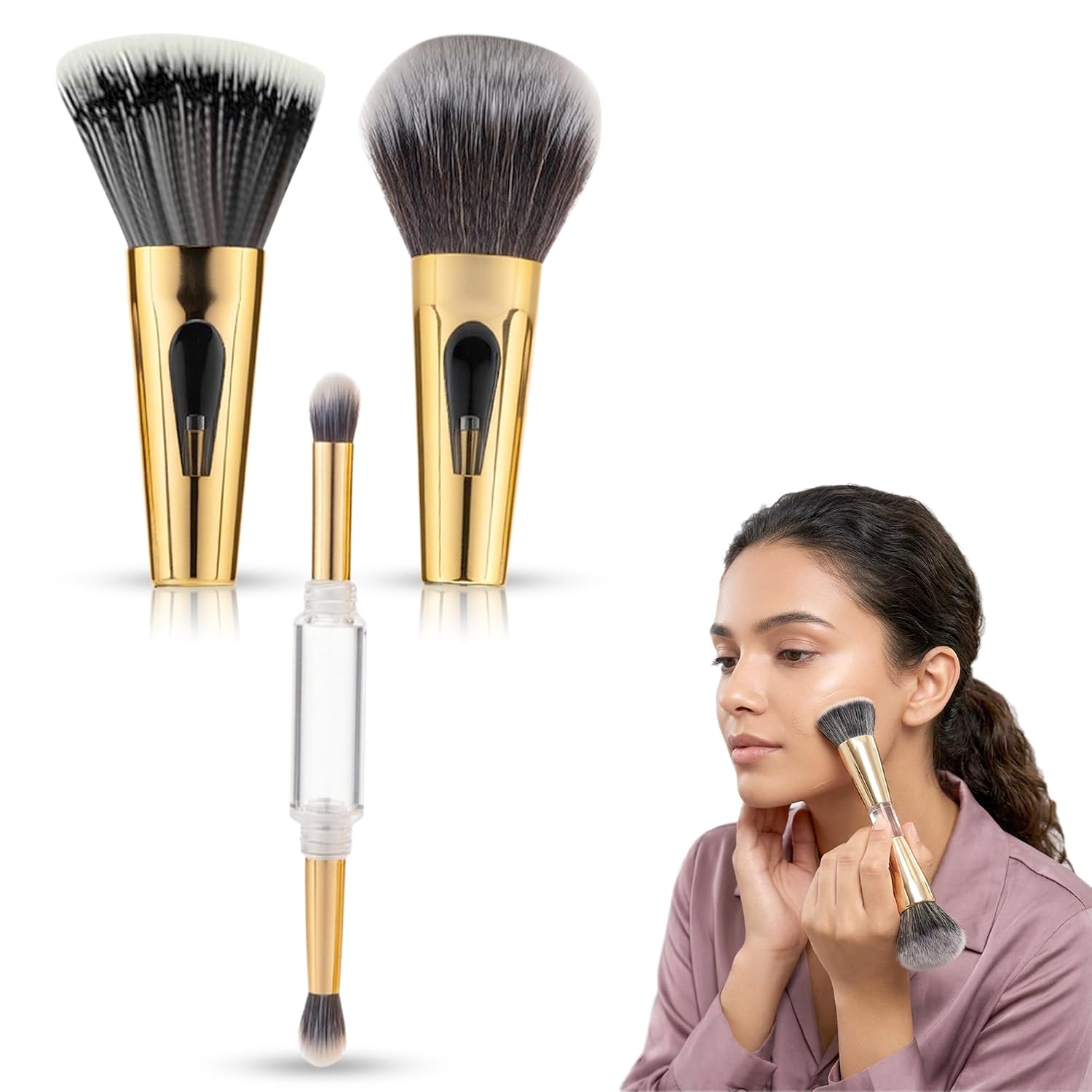 GLUN® 4in1 Makeup Brush Set, (2 Mini & 2 Big) Dual-Ended Soft Bristle Beauty Brushes Golden Chrome Finish with Elegant Fla... - Review, Price and Buying Guide