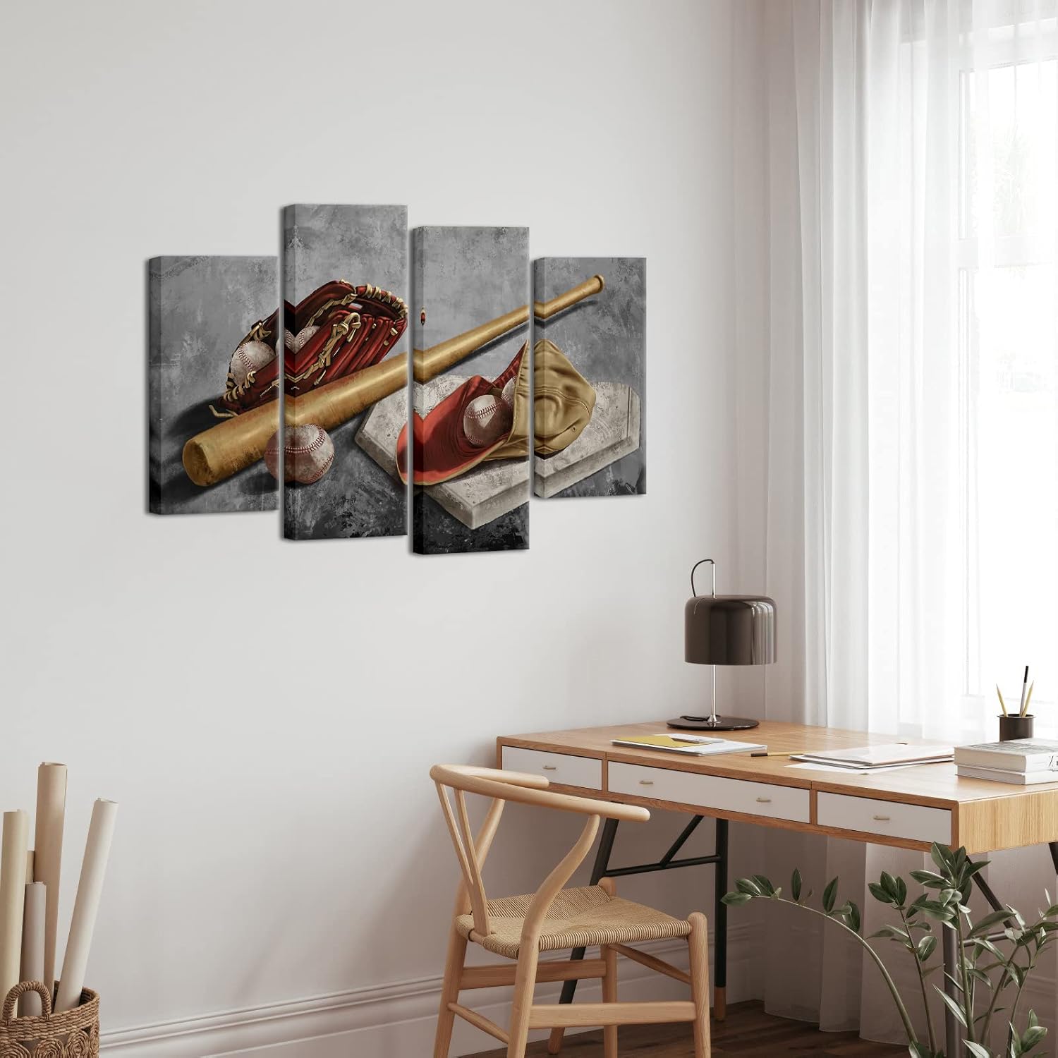 LevvArts 4 Panel Baseball Canvas Wall Art Retro Sports Painting Pictures Artwork for Boys Bedroom Decoration Rustic Gym Decor Art Poster Framed Ready to Hang