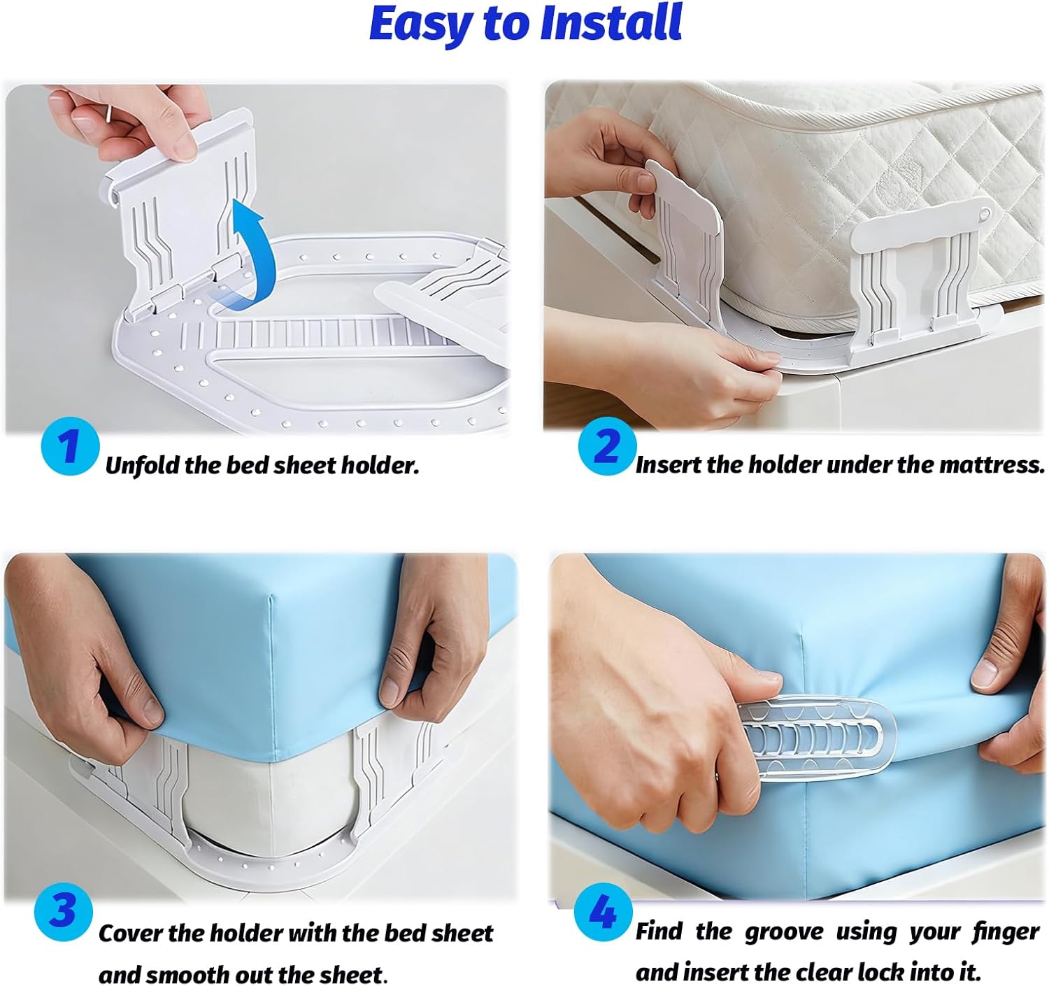 Bed Sheet Holders Keep Sheets Firm & Tight, Upgraded Bed Sheet Fasteners Easy No-Lift Installation, 4Pcs Bed Sheet Grippers Dual-Side Lock, Fitted Sheet Clips for Bedding, Sheet Keepers(White)