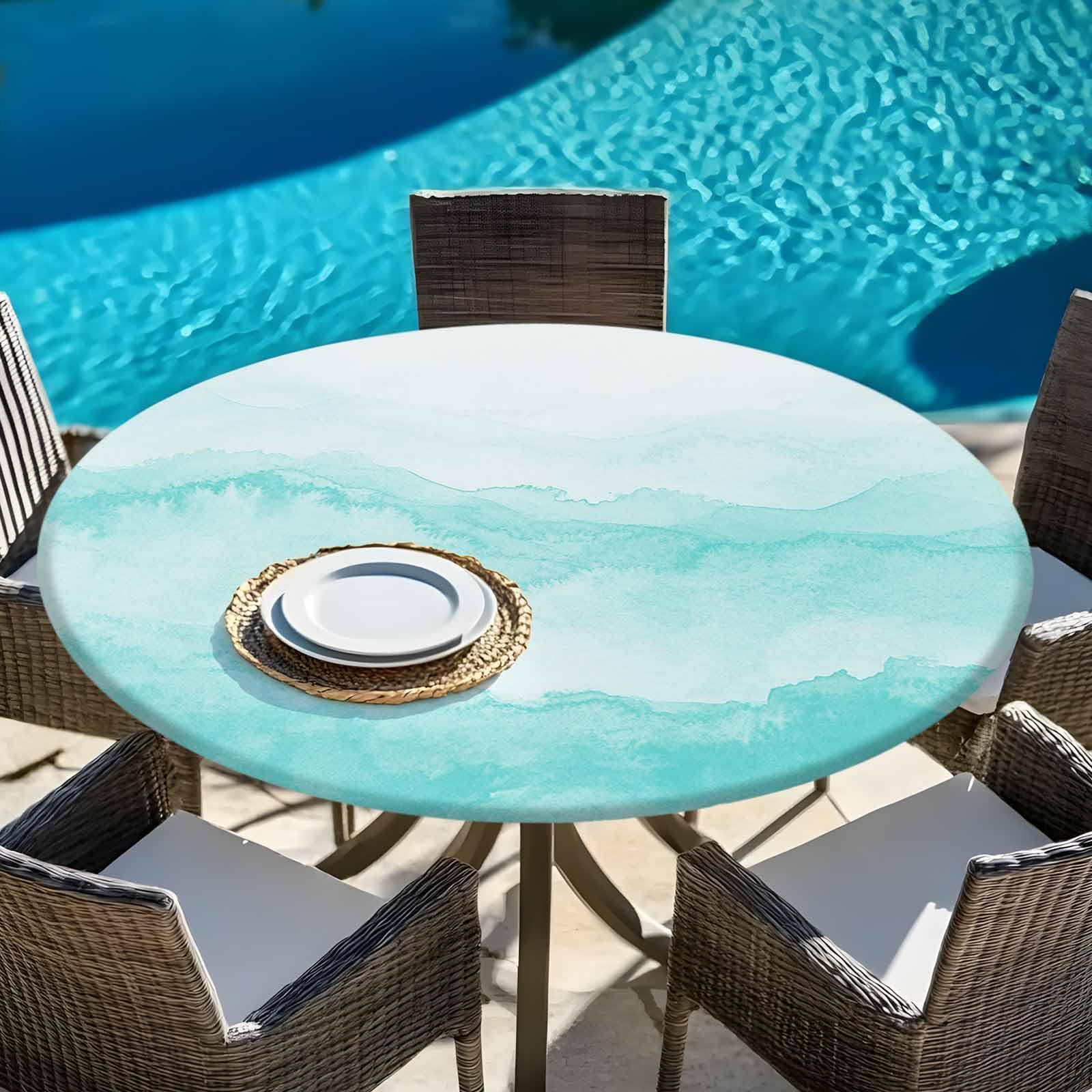 Round Fitted Tablecloth with Elastic Edge,Teal Gradient Ripple Waterproof Circle Table Cover for Outdoor Indoor Party Tables Turquoise Ombre Tabletop Protector 55"-60"