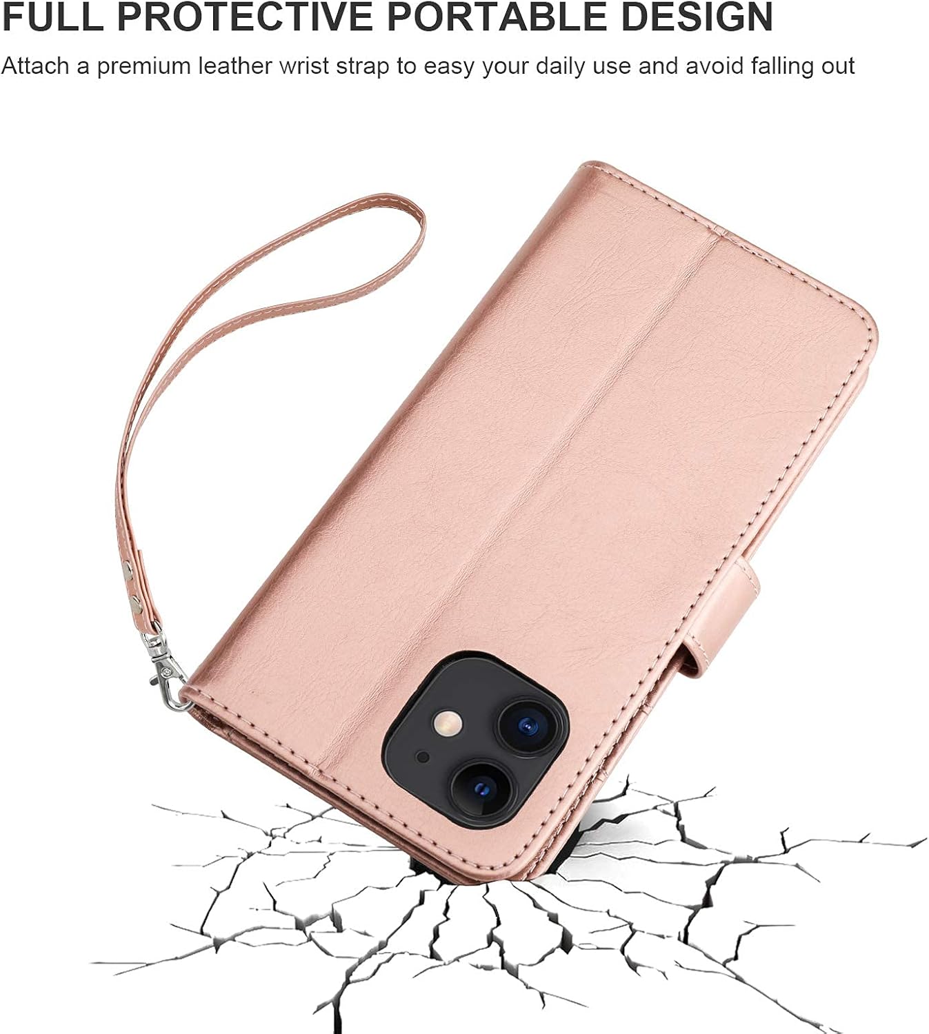 Bocasal Compatible with iPhone 12 Mini Wallet Case with Card Holder PU Leather Magnetic Detachable Kickstand Shockproof Wrist Strap Removable Flip Cover (Rose Gold)