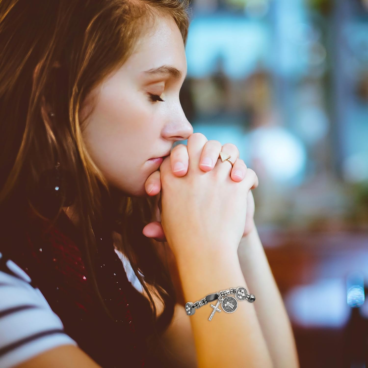 2 Pcs Silver Saint Benedict Medal Rosary Bracelet with 30 Pcs St Benedict Medals Bulk Set Hematite Catholic Amulet for Women Men, 8 Inch - Image 2