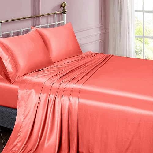 Vista 187 de Vonty Satin Sheets King Silky Soft Satin Bed Sheets Amber Beige Sheet Set, 1 Deep Pocket Fitted Sheet + 1 Flat Sheet + 2 Pillowcases