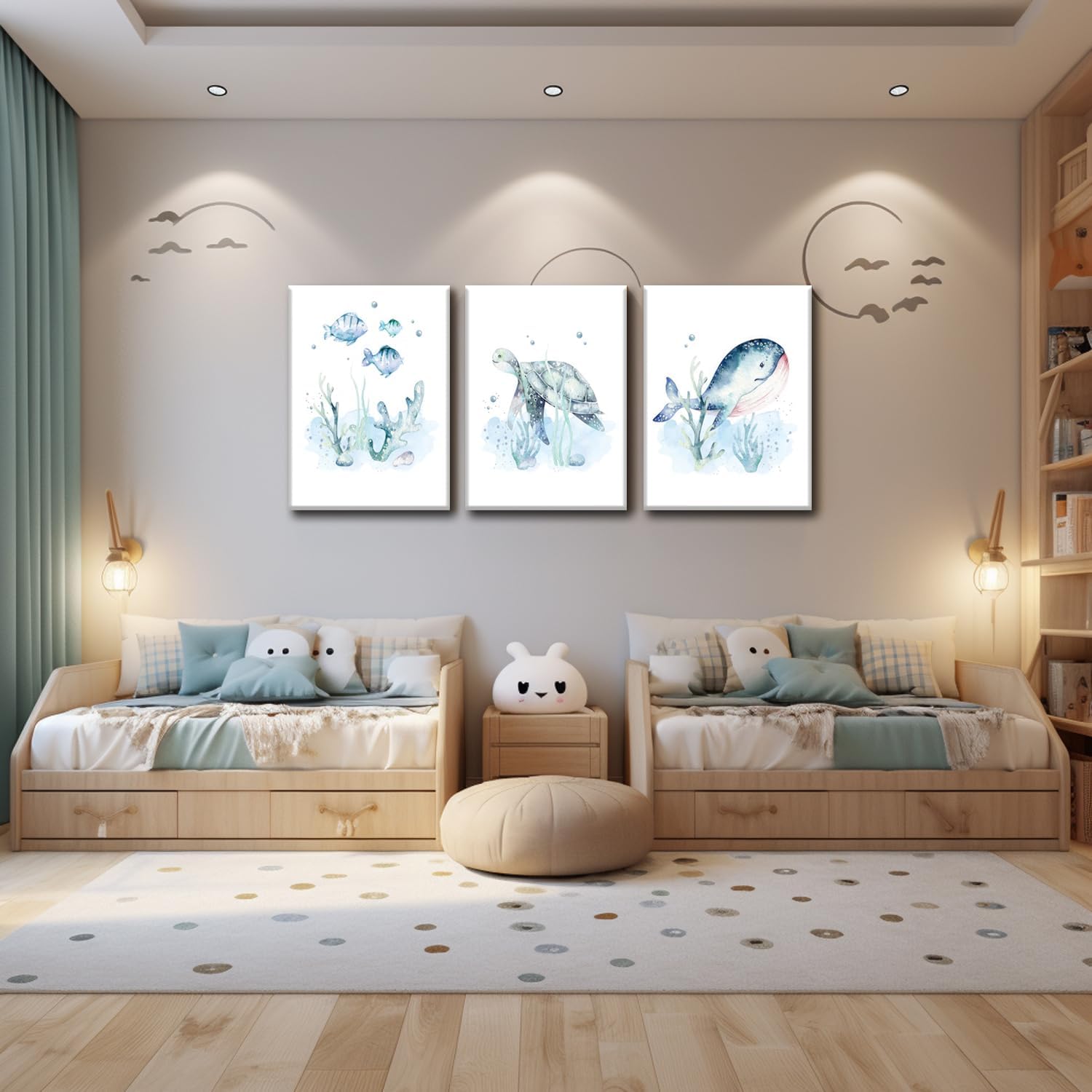 Wodkwq Ocean Nursery Canvas Wall Art,Nursery Wall Decor,Kids Bathroom Decor,Under The Sea Picture,Boys Room Sea Animal Prints Set of 3,Bedroom 16x24in Framed