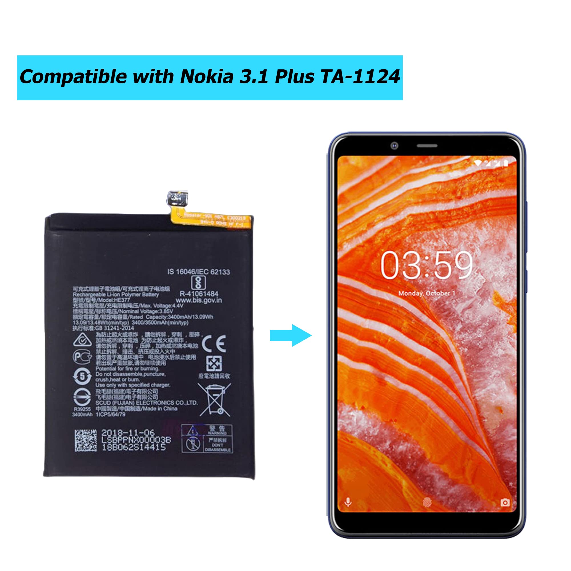 HE377 bateria kompatybilna z Nokia 3.1 Plus TA-1124 z zestawem narzędzi