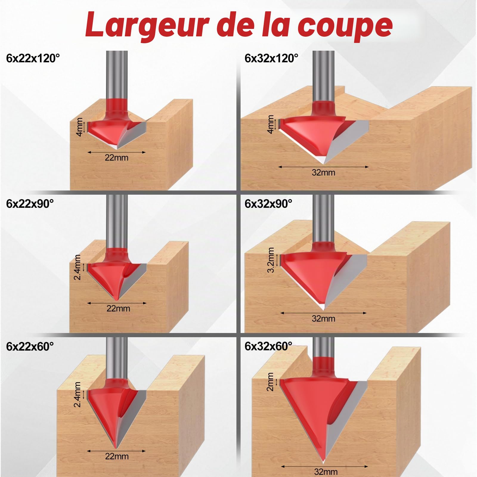 APIELE Lot de 6 fraises à rainure en V 3D CNC 8 mm - Rainure en V 60 °/90 °/120 ° - Embouts de routeur à rainure en V pour couper, fender, graver et finir des projets de bois pour le travail du bois