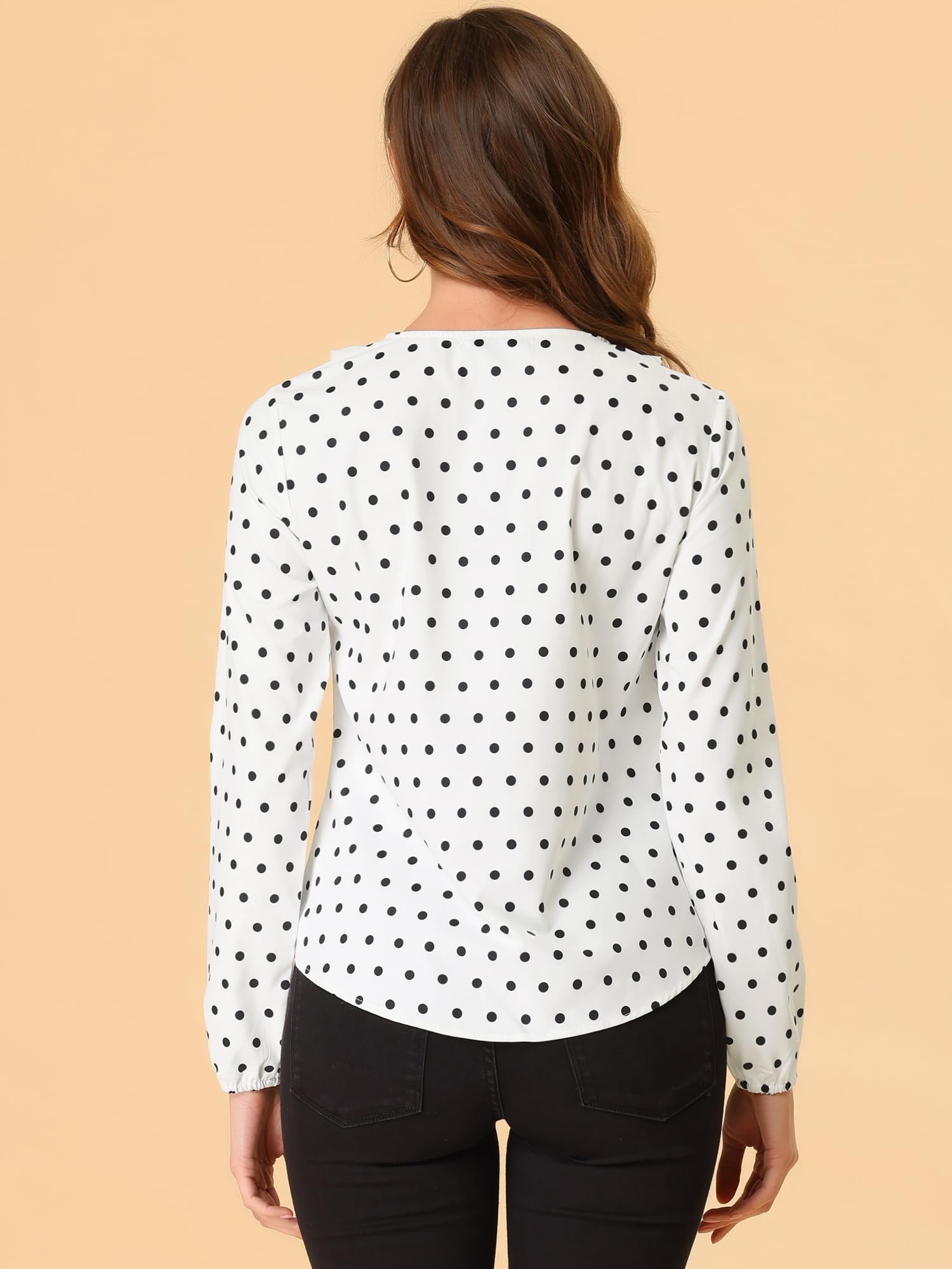 Allegra K Camicia da Donna a Maniche Lunghe, Girocollo, Volant Polka Pois