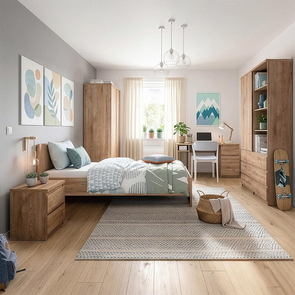 Lomadox Jugendzimmer Komplett Set mit Bett 120x200, Nachttisch, Kleiderschrank, Schreibtisch, 2 Regale