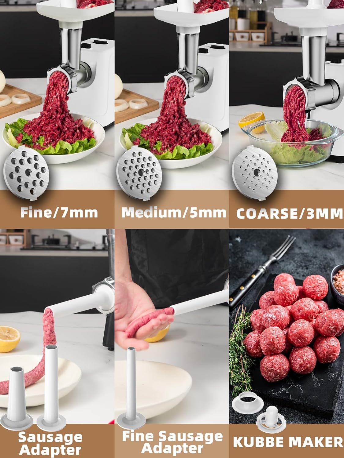 2500W Max Electric Meat Grinder & Sausage Stuffer - Heavy Duty Mincer Machine Anti-Slip with 1 Blade And 3 Plates, 3 Tubes & Kubbe Kit BPA Free for Home Kitchen Use （White）