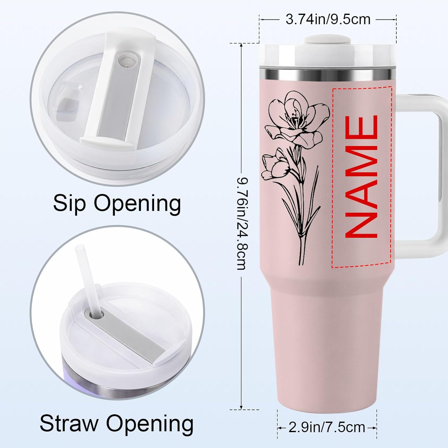 Personalized 40 Oz Tumbler with Handle and Straw, Custom Name & Birth Flower Stainless Steel Coffee Tumbler, Insulated Travel Cup with Lid, Birthday Gifts for Women Mom Daughter (Brith Flower 1)
