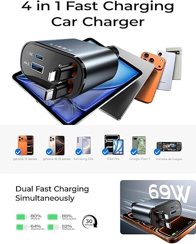 Miniatura 7 de LISEN - Cargador retráctil para automóvil, adaptador de cargador de automóvil USB C de 69 W, carga rápida para iPhone 16, 15, 14, 13, 12, Samsung,