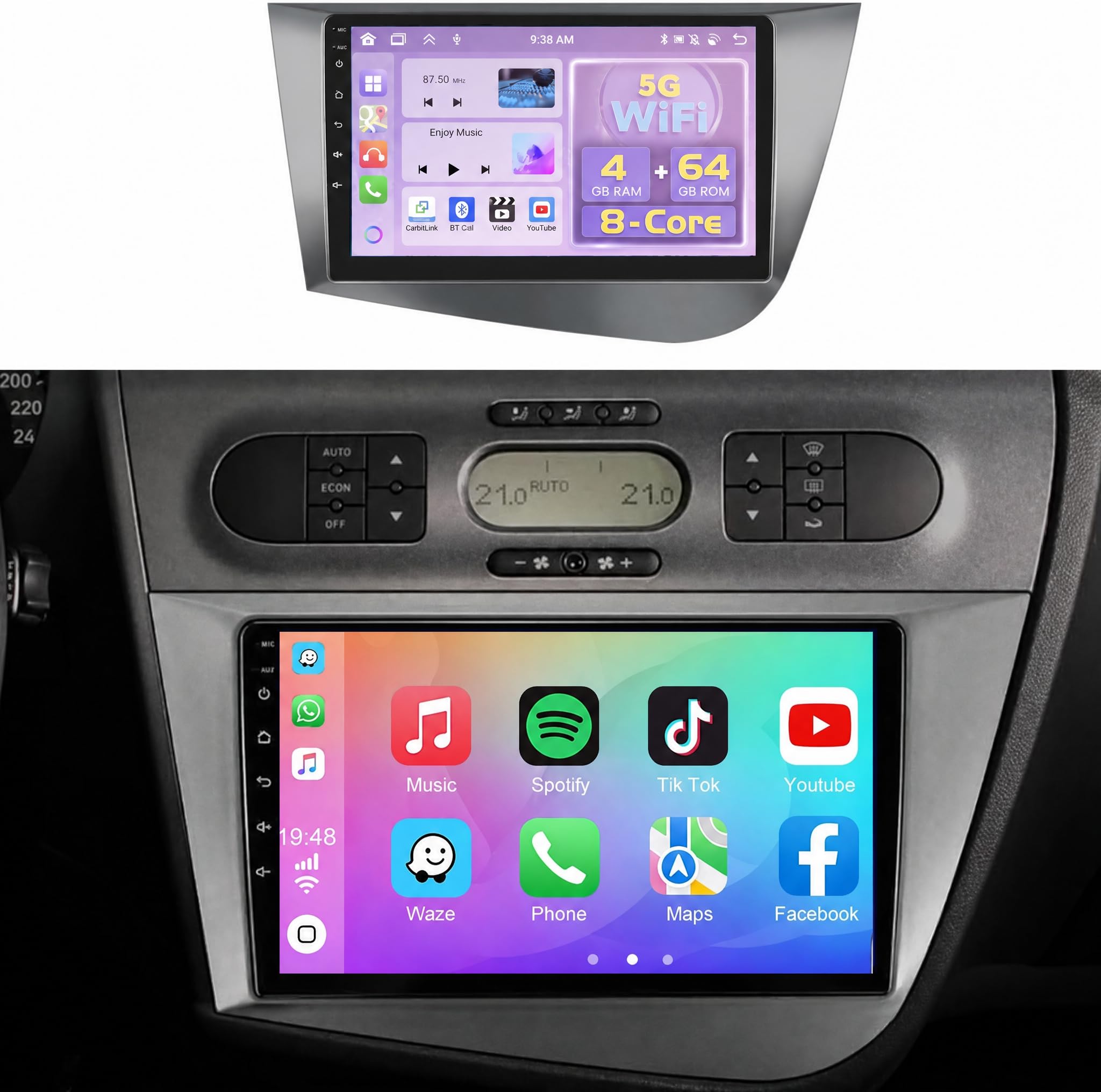 8 Core 4+64GB Android 15 Autoradio pour Seat Leon 2005-2012 Wireless Carplay Android Auto, Ecran Tactile 9 Pouces Poste Radio Voiture Bluetooth Stereo Con WiFi, GPS, Caméra de Recul, FM RDS, SWC
