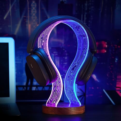 Lampeez Soporte para auriculares con luz nocturna LED azul y rosa, madera de nogal para jugadores, amantes de la música, idea de regalo