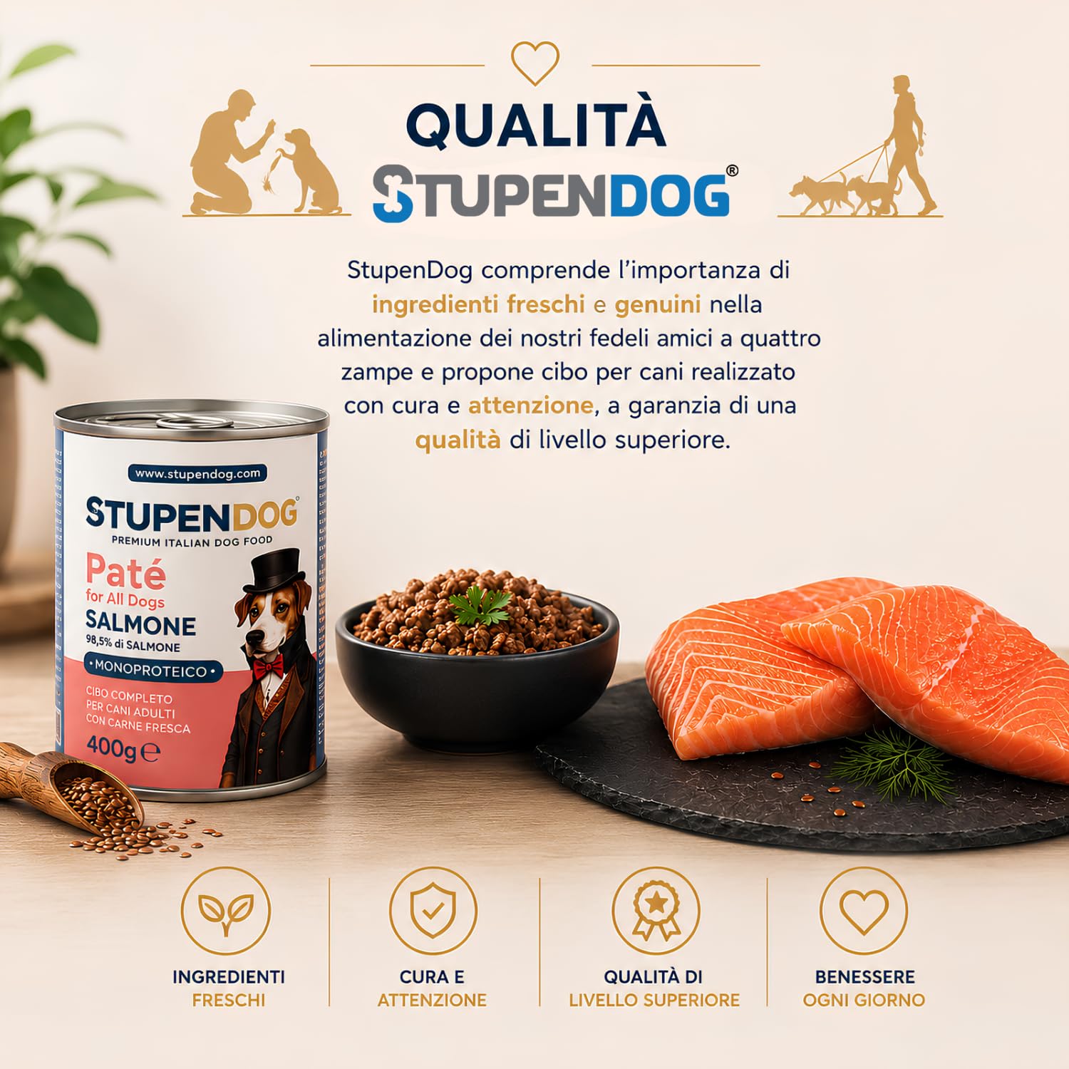 STUPENDOG Paté per Cani Monoproteico al Salmone con Semi di Lino - 98,5% Salmone Fresco, Ipoallergenico, Pelo Lucido, Pelle Sana – Cibo Umido Naturale per Cane Adulto (12 Confezioni - 400g)