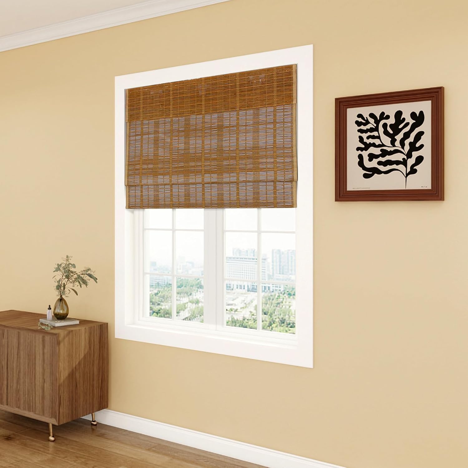 LUSTROWIN No Drill Custom Bamboo Roman Shades - Cordless Light Filtering/Blackout Window Blinds with Valance | Privacy & Light Control | 20-96" Sizes | Medium Brown