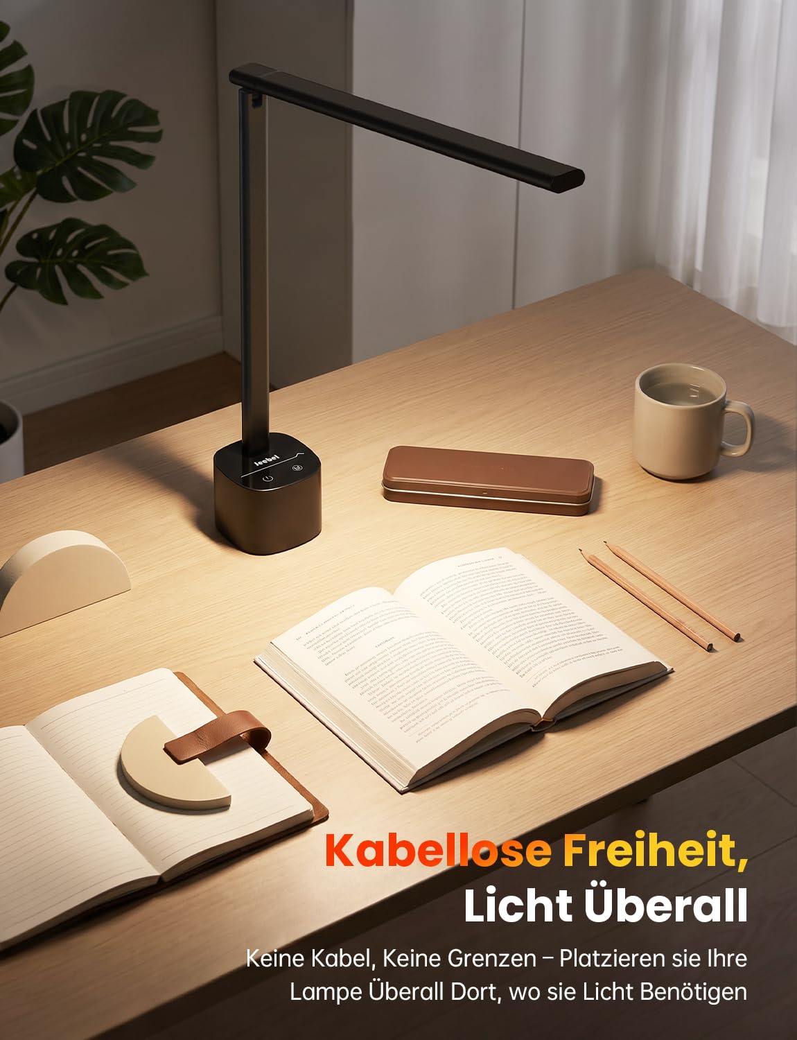 LED Schreibtischlampe Kabellos, 5000mAh Akku, Stufenlos Dimmbar