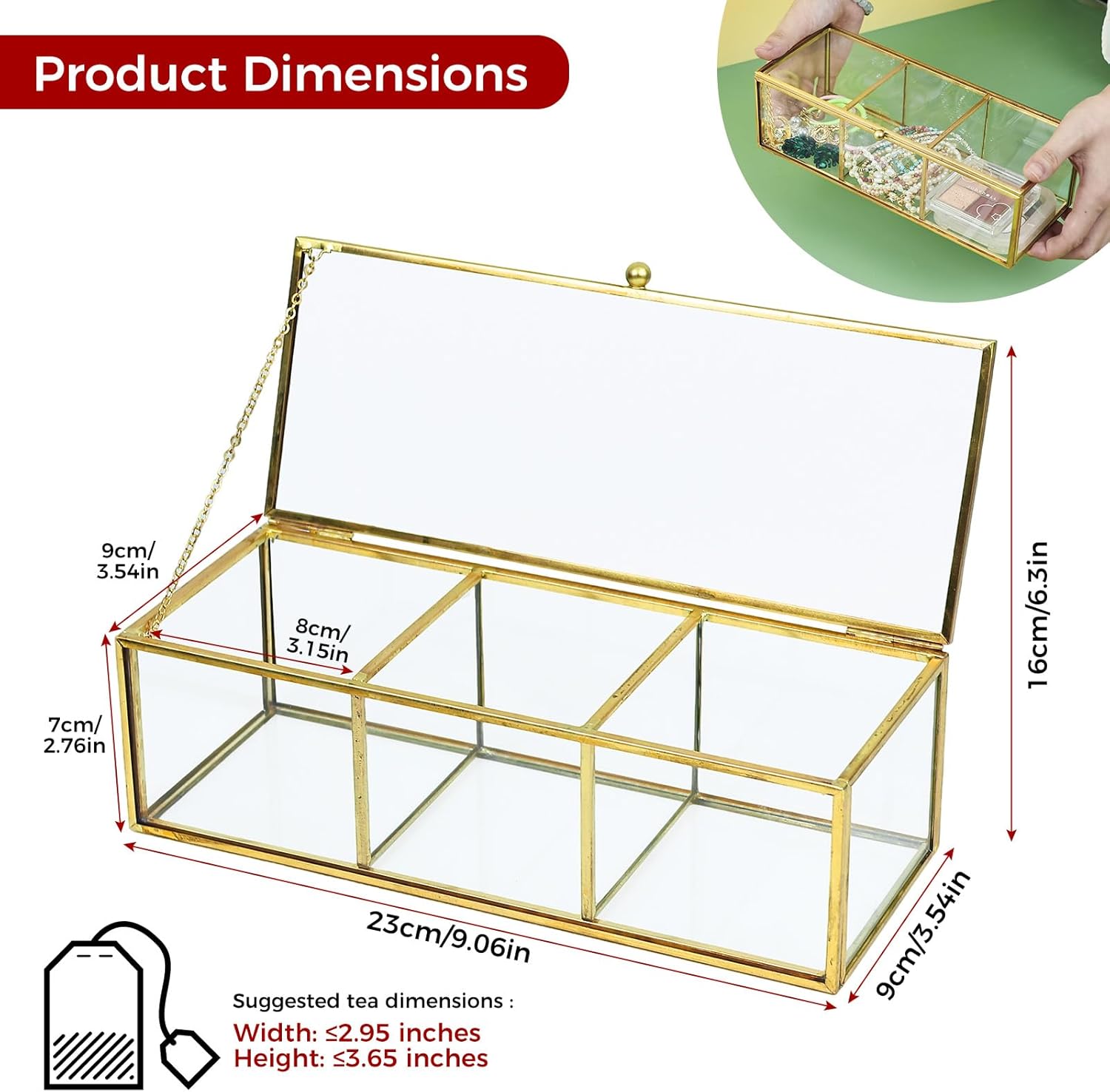 HighFree Gold Glass Tea Bag Organizer, Countertop Storage Box with Lid, Clear Multi-Use Display Case for Tea Bags, Rings, Earrings & Cosmetics (3 Compartments)