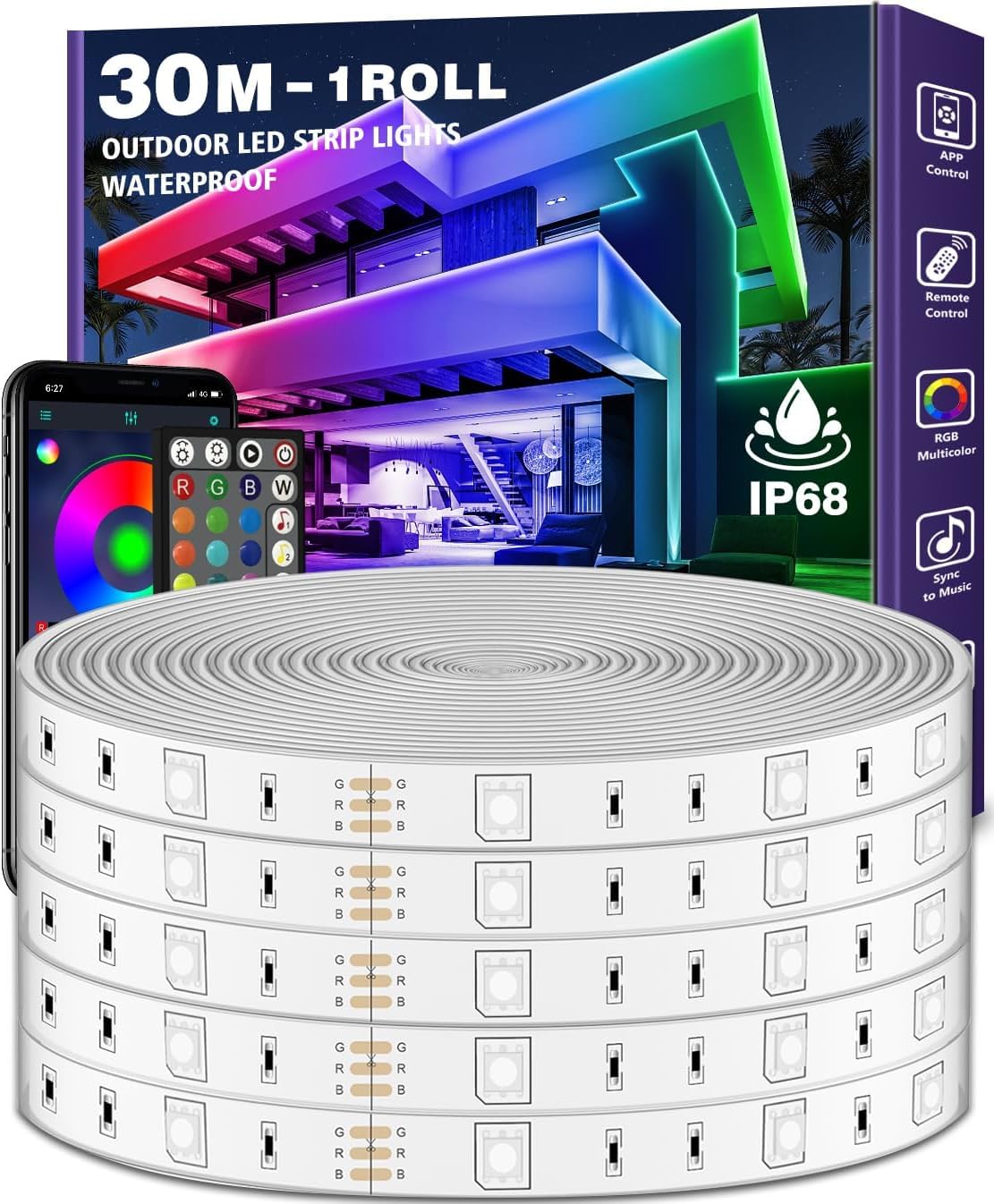 NUERPO 30m Outdoor LED Strip Lights Waterproof,Balcony Exterior Led Rope Lights for DeckMusic Sync RGB IP68 Outside Led Light Strips Waterproof with App and Remote