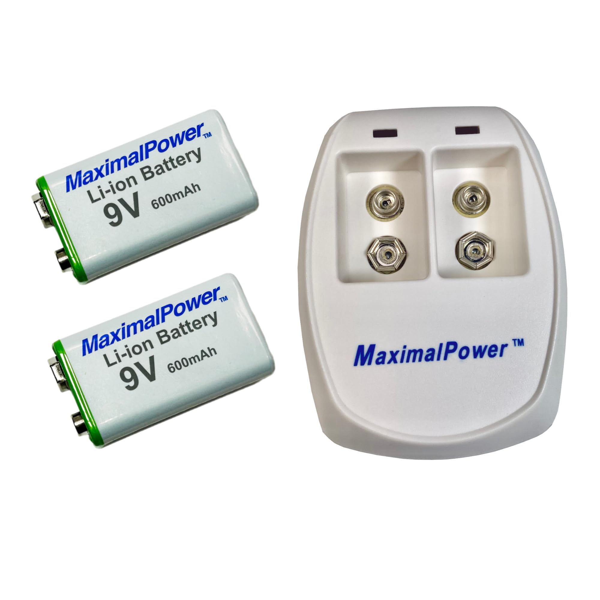 Maximal Power Combo 9V MaximalPower 9V Battery and Charger Pack of 2 9V li-ion Rechargebale Batteries