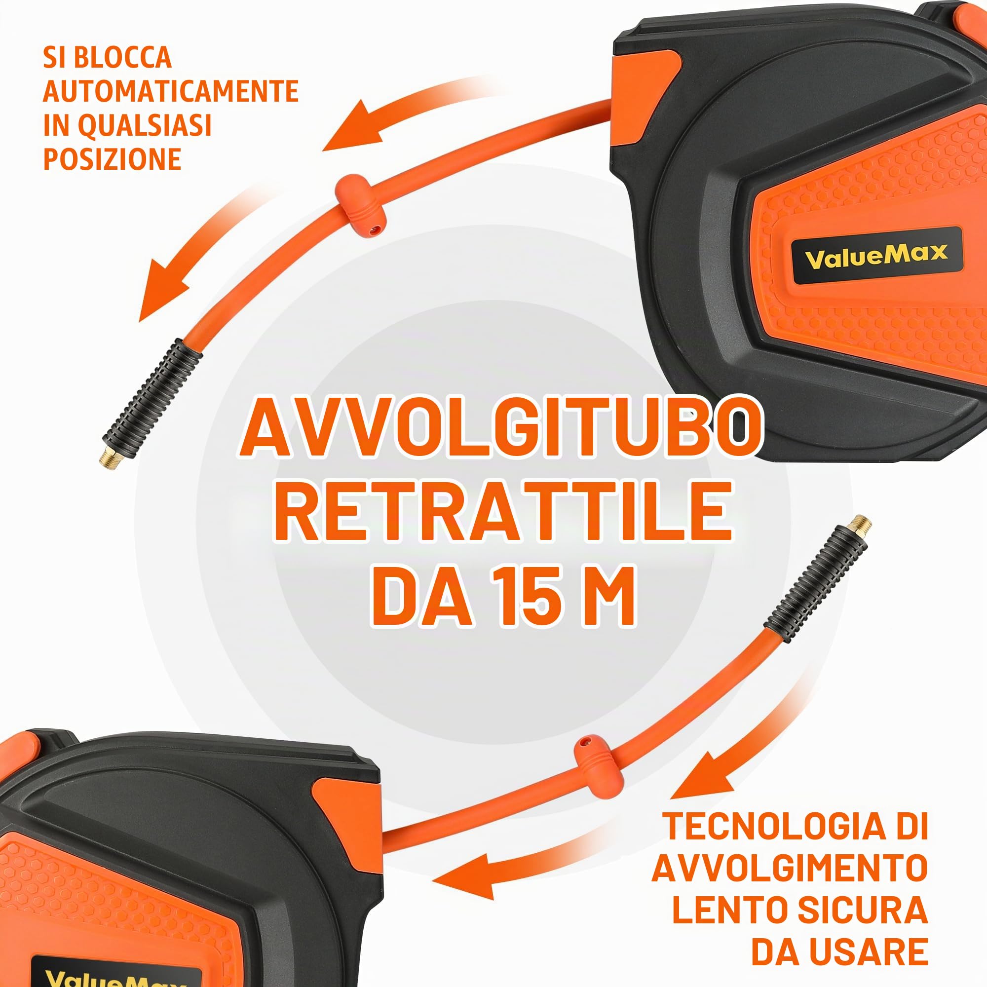 ValueMax Avvolgitubo Aria Compressa 15m+1,5m, Avvolgitubo Pneumatico con Attacco Rapido BSP da 1/4", Dispositivo di Arresto Automatico e Riavvolgitore Automatico