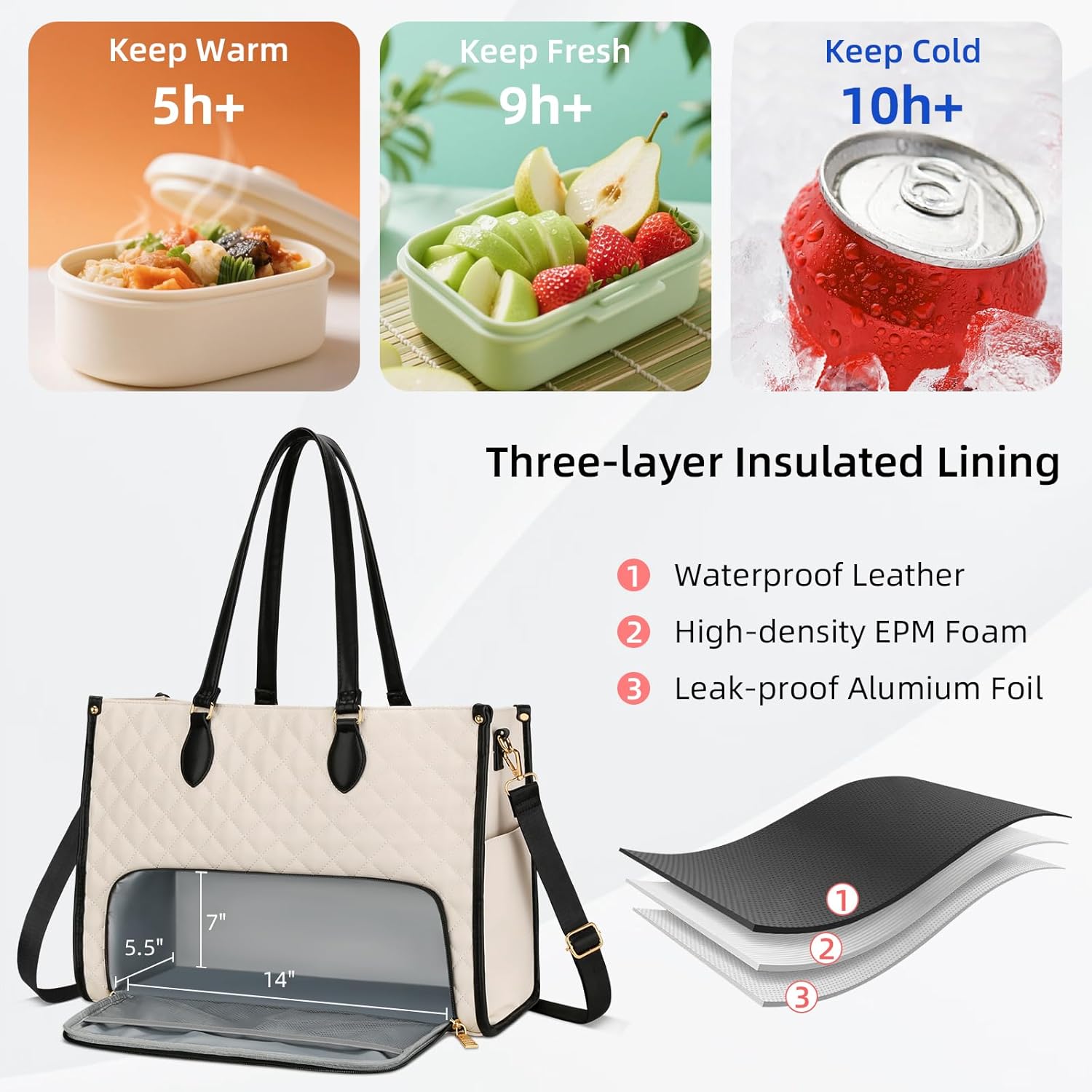 KKXIU Lunch Bag for Women - 15.6" Laptop Bag with Insulated Lunch Compartment, 2 in 1 Tote & Lunch Bags Combo with Large Capacity, Quilted Computer Handbag for Work, Office, Nurse, Teacher (Beige) - Image 4
