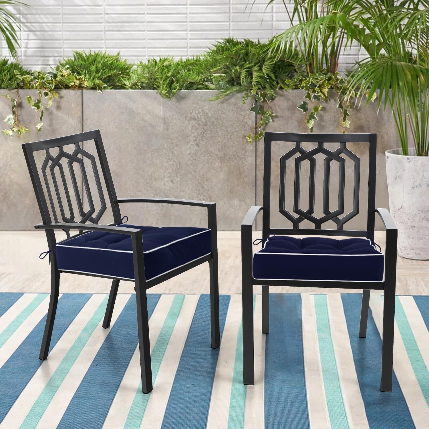 HARBOREST Outdoor Chair Cushions Set of 2, Tufted Patio Chair Cushions with Ties, Square Corner Outdoor Cushions for Patio Furniture, Lawn Chairs, Wicker Chairs, 19" x 19" x 5", Navy