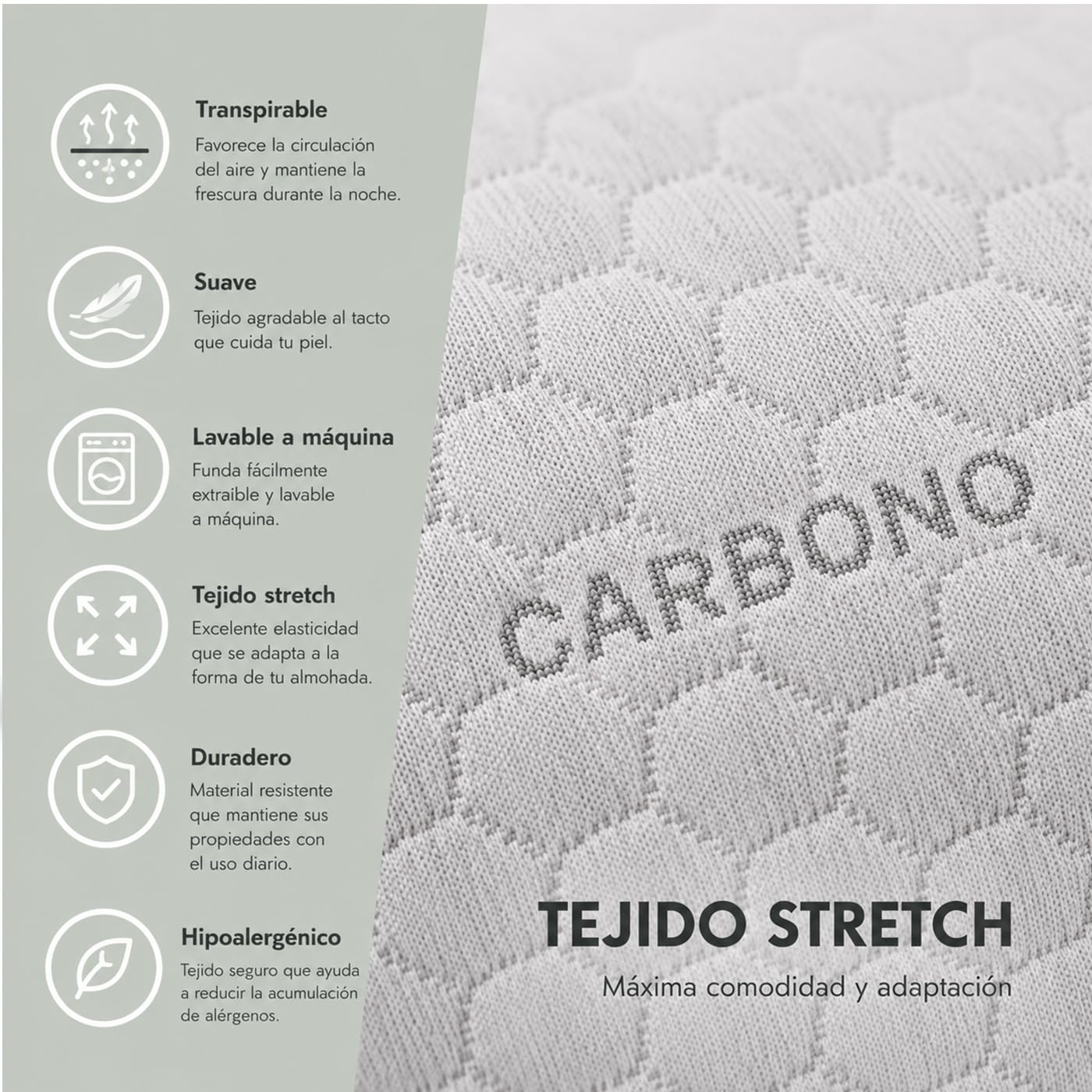 ACCRUX-Almohada Viscoelástica de Carbono núcleo 100% Viscoelástico (150cm) | Almohada de Carbono con Funda Stretch Extraíble. Antialérgica, Transpirable, Suave, Ergonómica y Máximo Confort