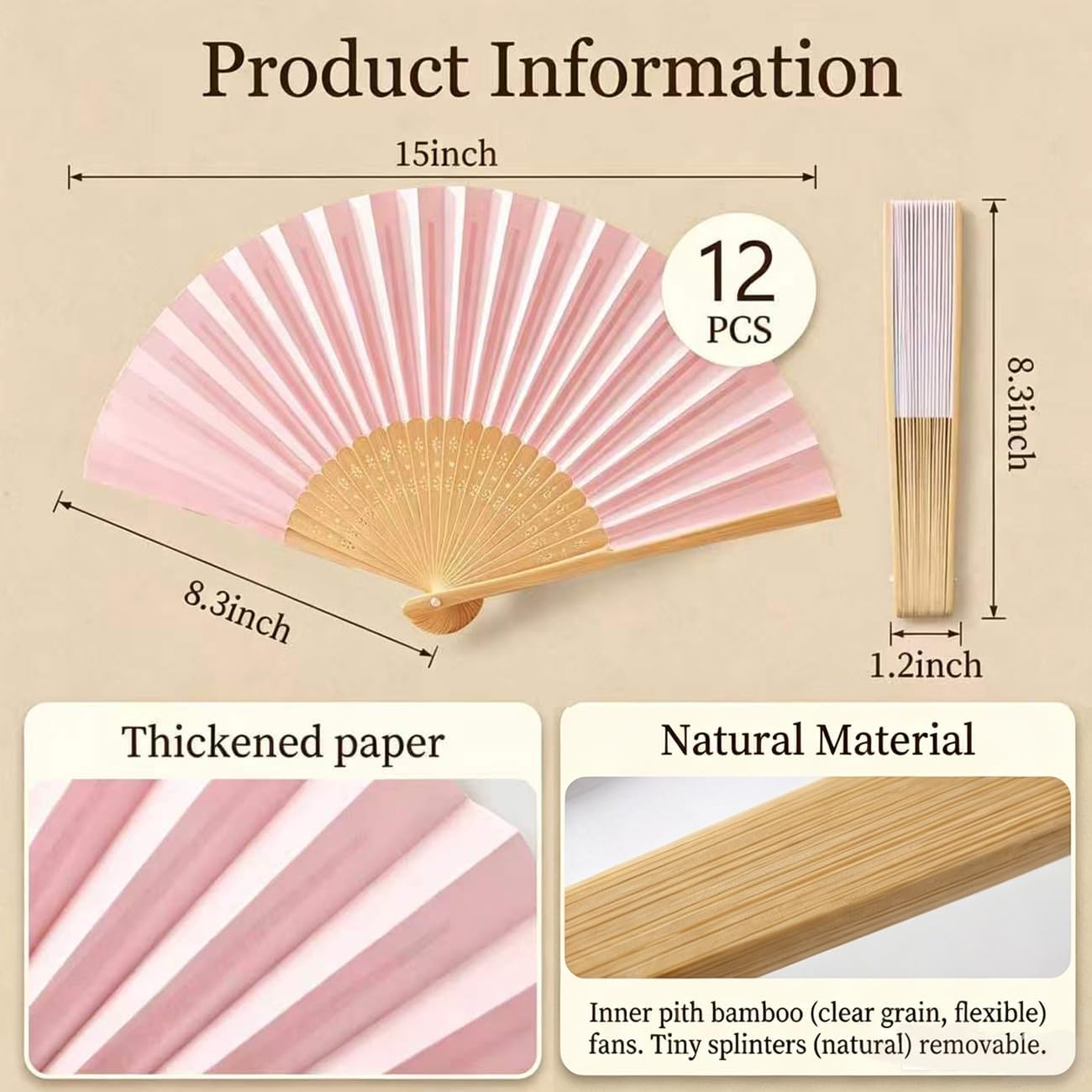 Paper Hand Fans, 8.3 Inch Foldable Handheld Fans for Wedding Favors, Party Decorations, Bridal Shower, Baby Shower, Summer Cooling, Decoration Fan (Pink-12pcs) image 3