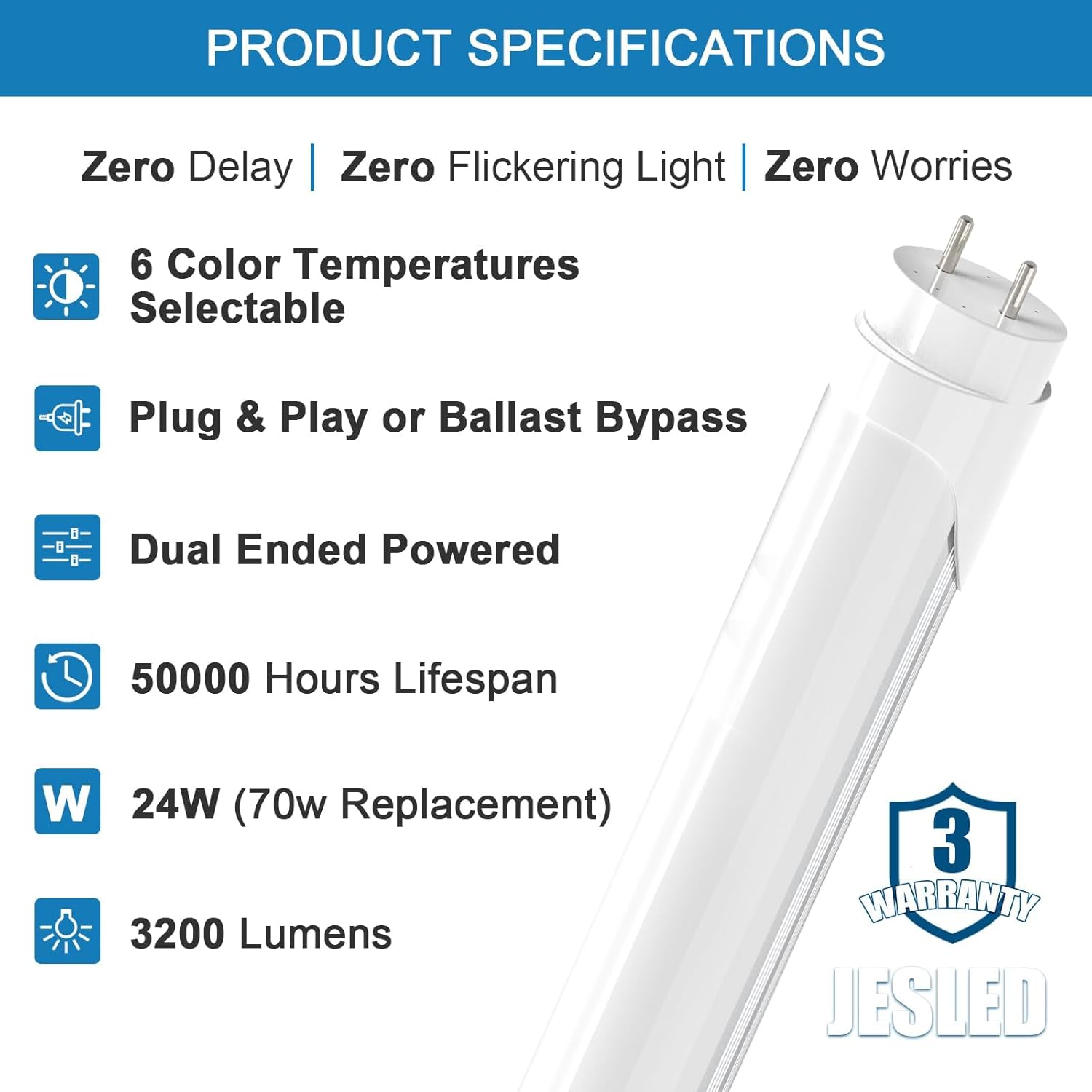 JESLED T8 LED 4FT Tube Lights, Type A+B, 24W, 3200LM, 6 Colors 3000K | 3500K | 4000K | 5000K | 6000K | 6500K, Plug and Play or Ballast Bypass, LED Bulbs 4 Foot Replacement, Dual-Ended, Frosted,4 Pack 6cct 4