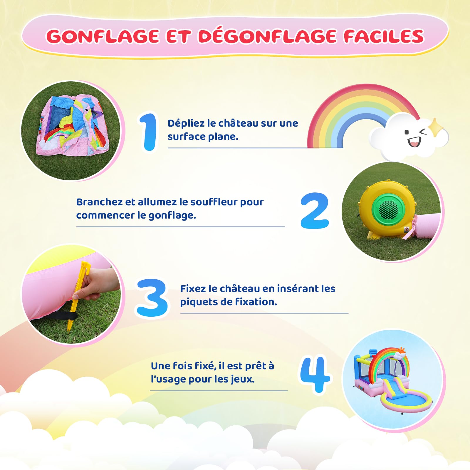 Bonnlo Tobogán Hinchable Infantil con Piscina, 370x192x192 cm, Cama Elástica y Diseño Arcoíris Nubes, Parque Inflable para Jardín Exterior e Inretior, Oxford 420D+840D