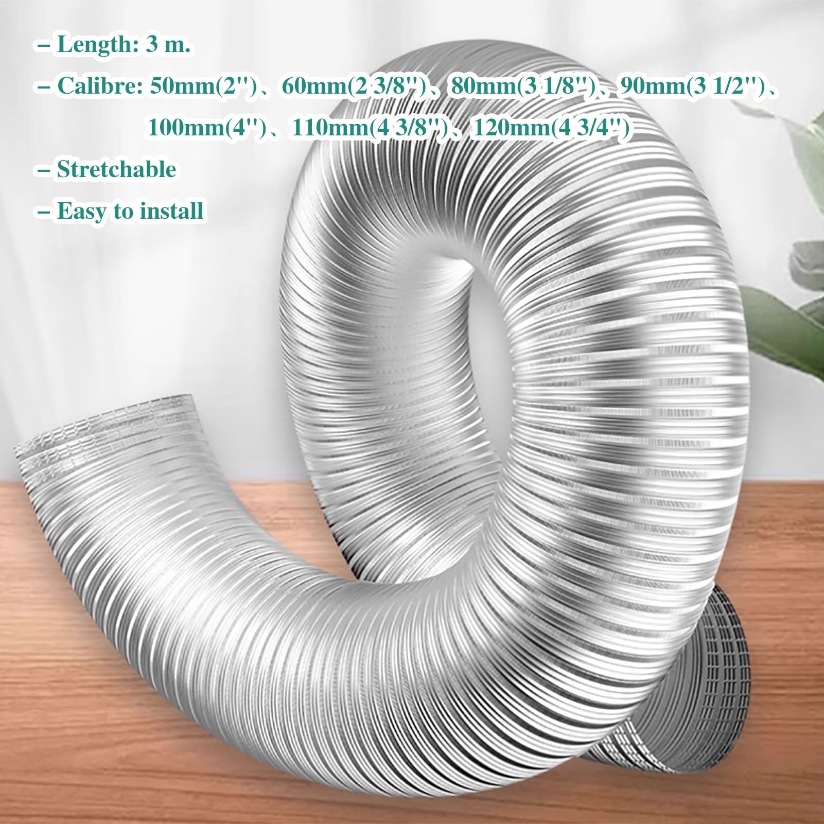 Tubo Flexible Manguera de Ventilación para Secadora de Espacio Reducido con Cinta y Abrazadera, Manguera de Ventilación para Secadora de Conductos de Aluminio Flexible de 10 Pies, Escape de HVAC(90mm(