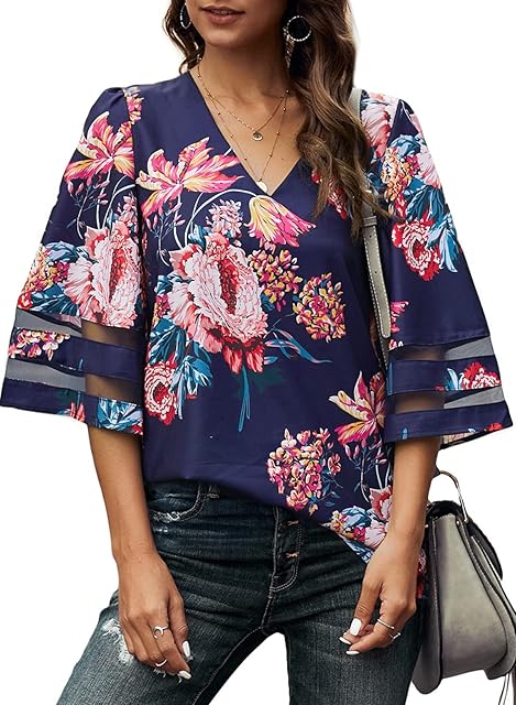 APOONABA Women's Summer Floral Print Blouse Tops V Neck Loose 3/4 Bell Sleeve T-Shirt