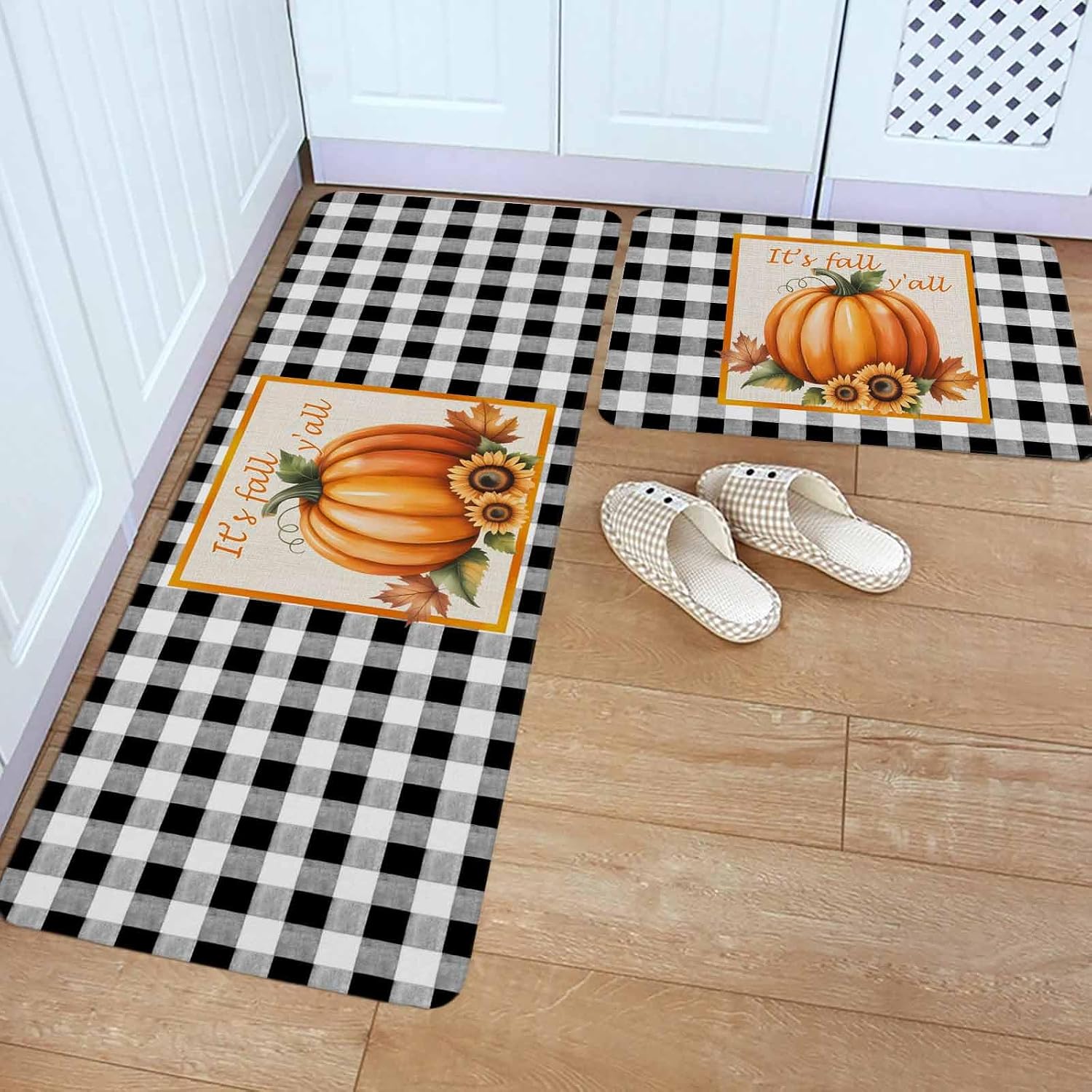 Orange Pumpkins Fall Kitchen Rugs and Mats Set of 2, Non-Slip Kitchen Sink Mat, Thanksgiving Botanical Leaves Checkered Washable Doormat Bathroom Rugs Runner for Bedroom 19.7"x23.6"+19.7"x47.2"