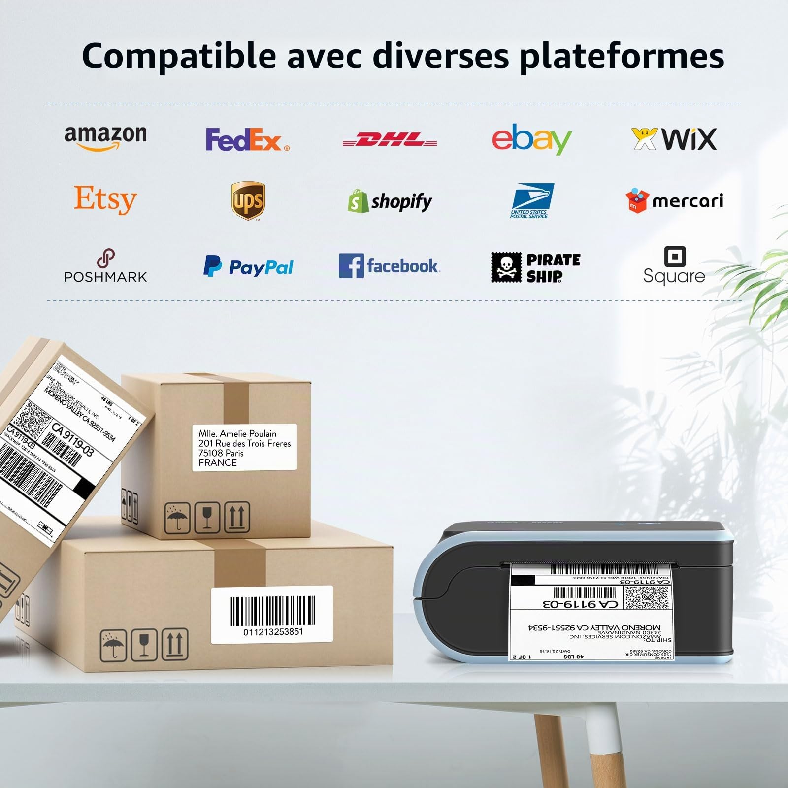 JADENS Imprimante d'étiquettes Thermiques sans Fil 4x6 pour l'expédition de Colis, Compatible avec Android, iPhone, Mac, Chromebook et Windows, utilisée pour Amazon