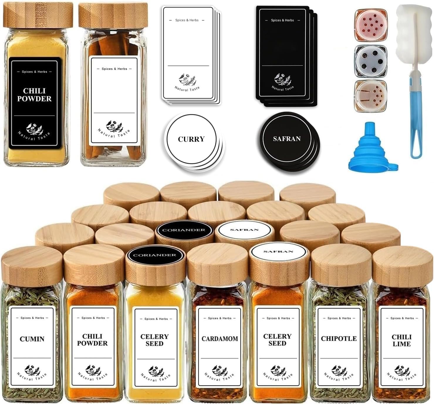 Danillous Square Spice Jars Set of 24 with Bamboo Lids, Shaker Inserts, Pre-Printed English Labels, Black and White Stickers (180 Spice Names), Silicone Funnel, and Cleaning Brush (English Labels)