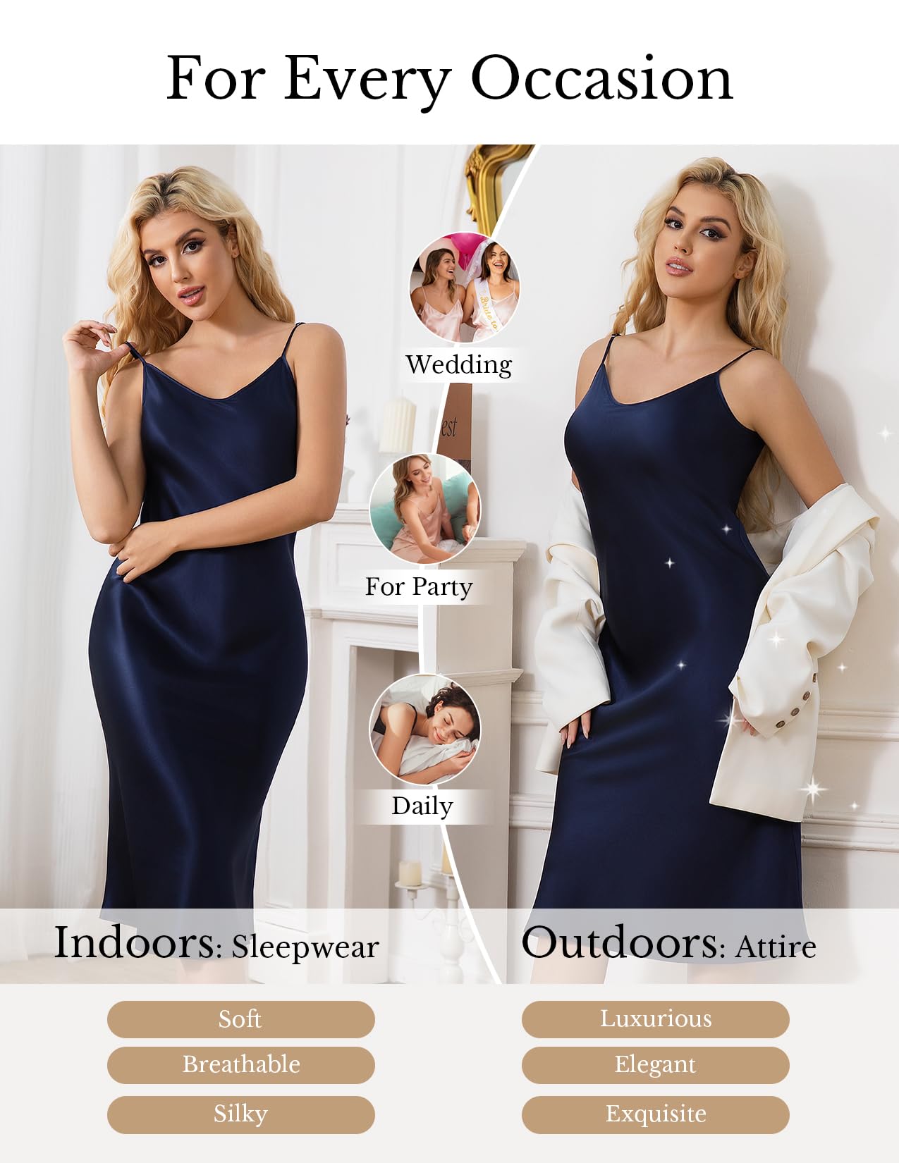 THXSILK Silk Long Nightgowns for Women, Pure Mulberry Silk Charmeuse Nightdress, Lingerie Adjustable Strap: Navy Blue Medium