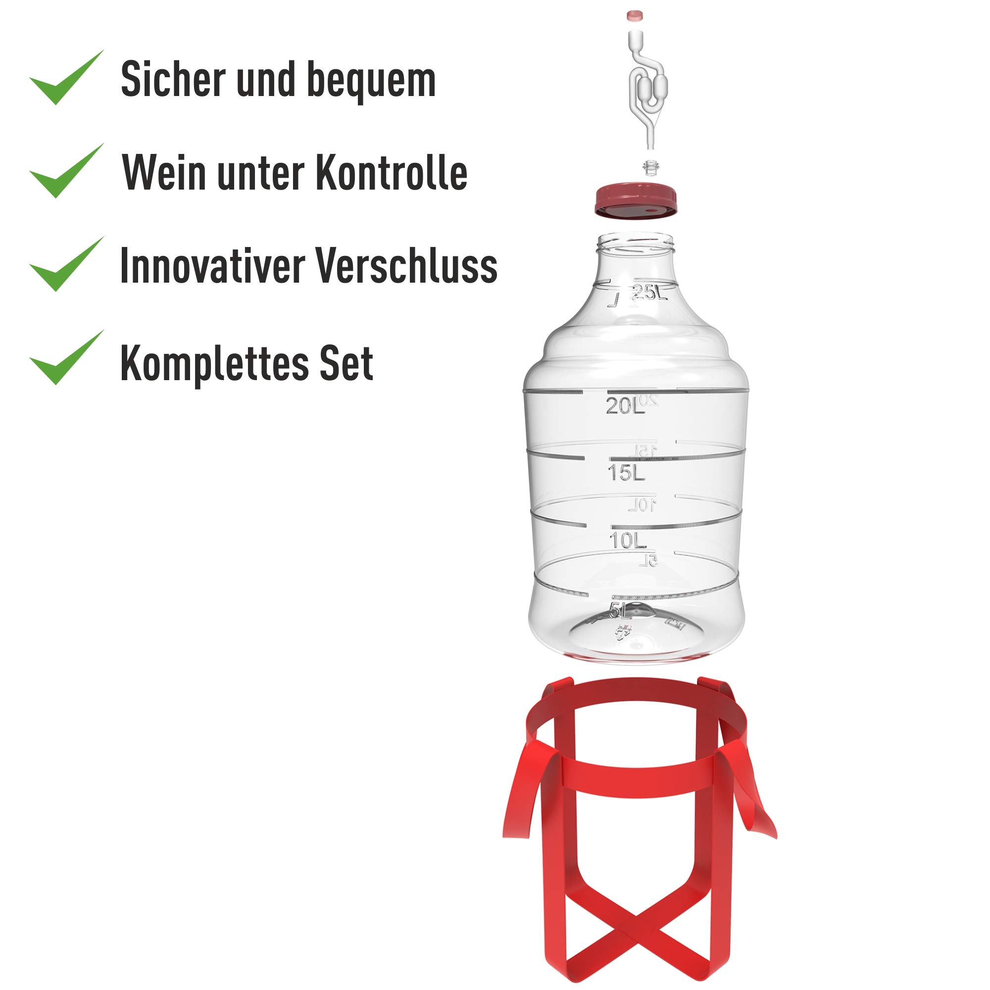 Browin 644215 Home Damigiana per la produzione di vino domestico 15L, Tubo di fermentazione, Coperchio Rosso, Scala Graduata, Con imbracatura per il trasporto, Indistruttibile, Transparente, Plastica