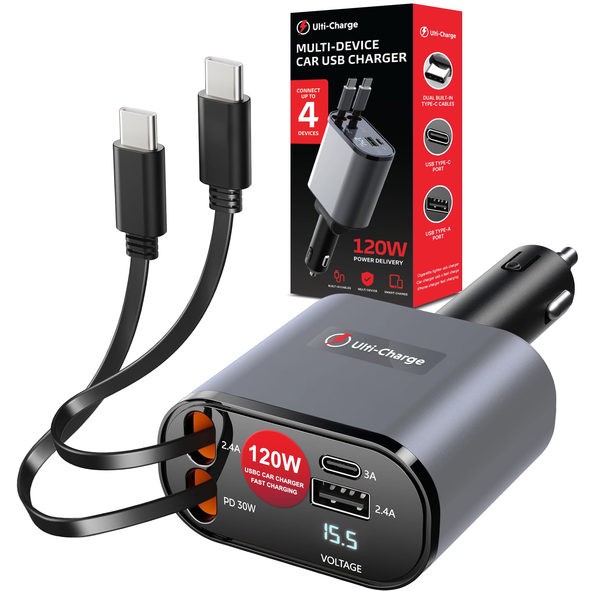 Ulti Charge - Caricatore per telefono da auto da 120 W, ricarica rapida con presa accendisigari retrattile, caricatore USB C, 4 porte USB‑C e USB‑A, blocco di ricarica Dual USBC per iPhone, Galaxy
