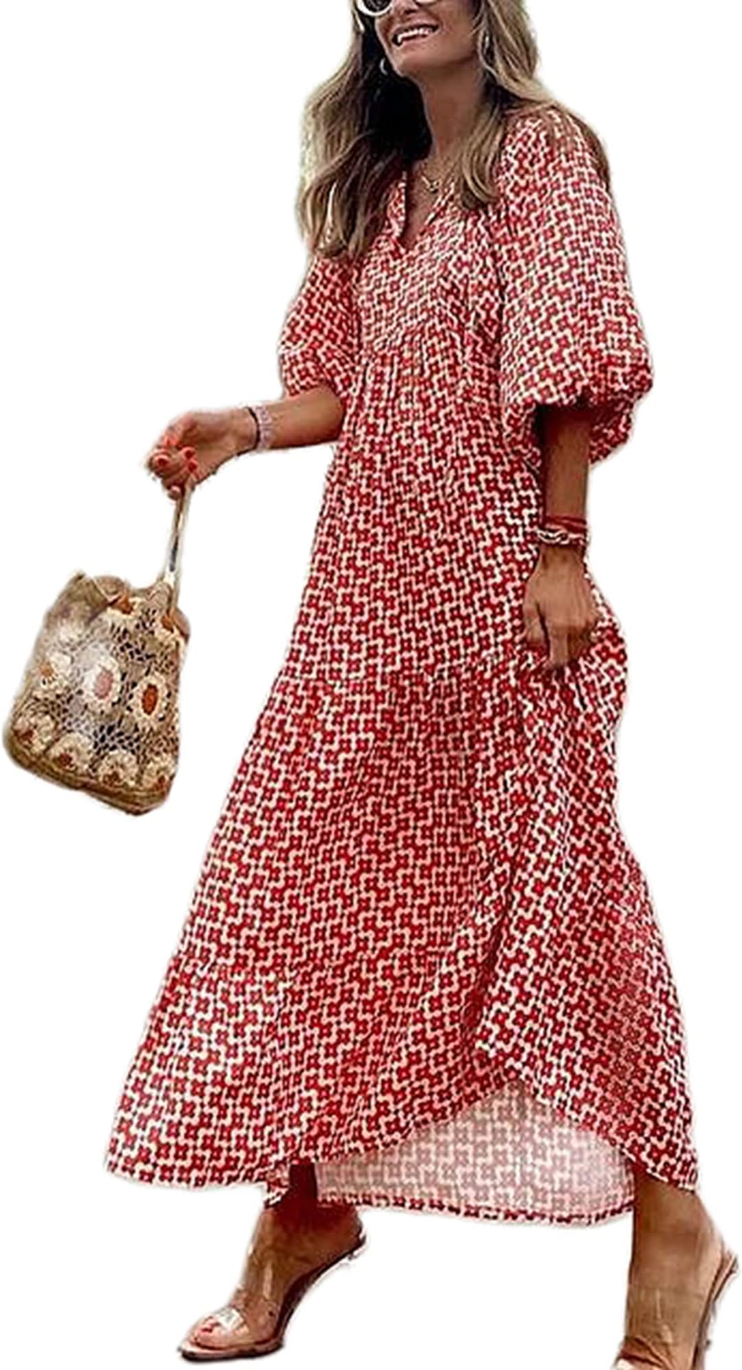 FUYERLI Women's Summer Floral Print Dress V Neck 3/4 Long Sleeve Flowy Long Maxi Dresses Casual Loose Boho Dresses