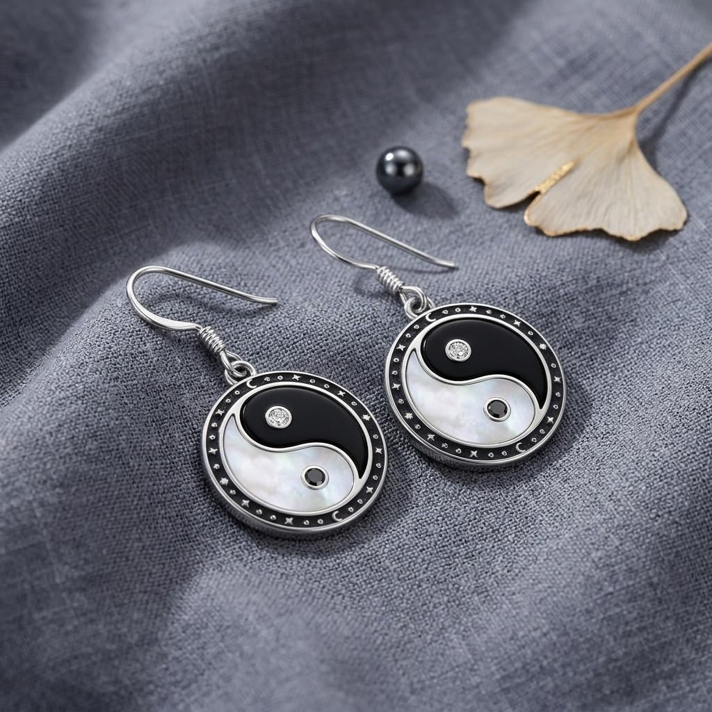 DAYLINLOVE Yin Yang Ohrringe 925 Sterling Silber Schwarze Obsidian Weiß Perlmutt Hänge Ohrringe Yin Yang Amulett Schmuck Geschenk für Damen Frauen Mädchen