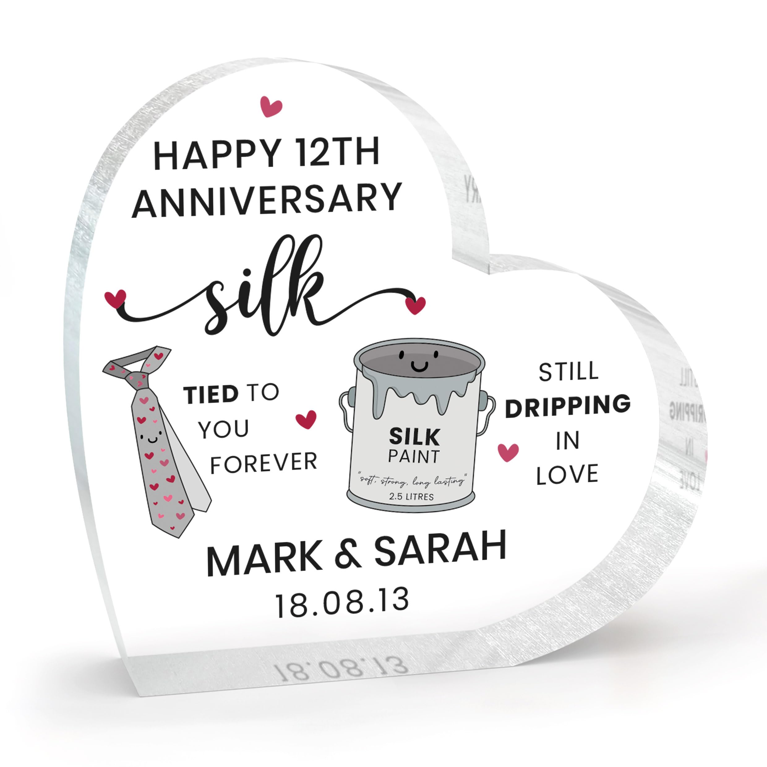 Beecreative Personalised 12th Anniversary Gifts For Husband Wife - Acrylic Heart Keepsake - Silk Wedding Anniversary Present - With Grey Bag
